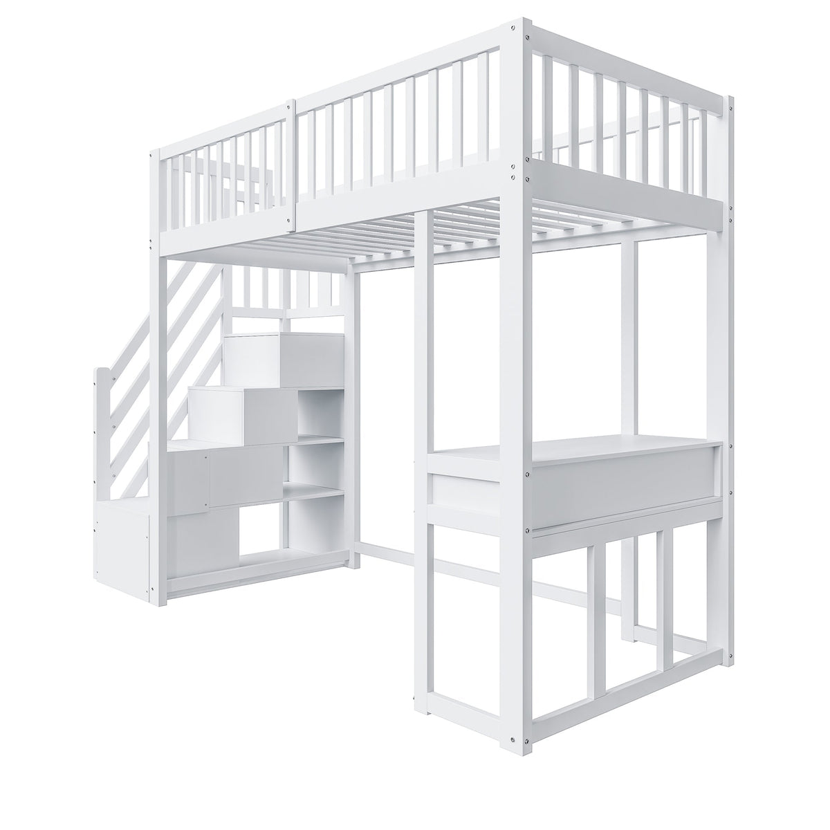 Loft Bed 90x200 Multifunctional Table Storage Stairs Pine Wood White
