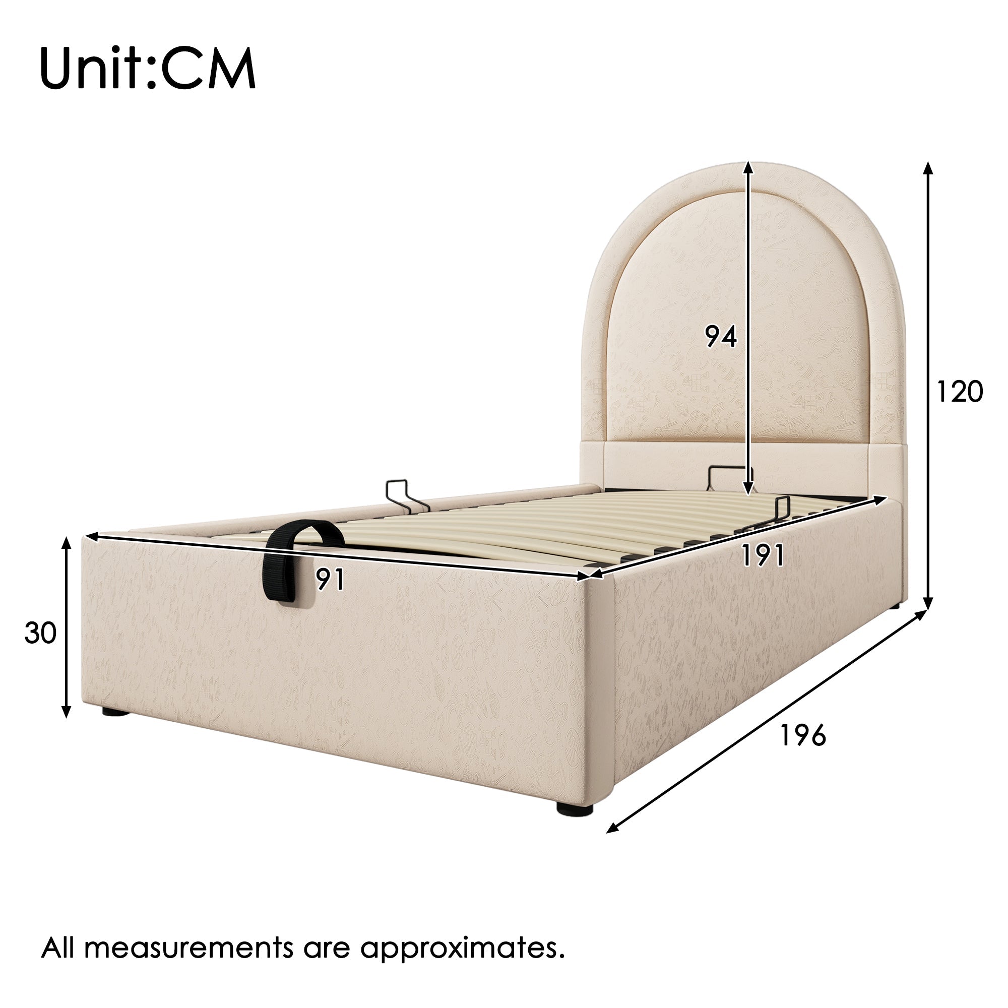 Upholstered children's bed, single bed with cosmic pattern, 90 x 190 cm, beige PU
