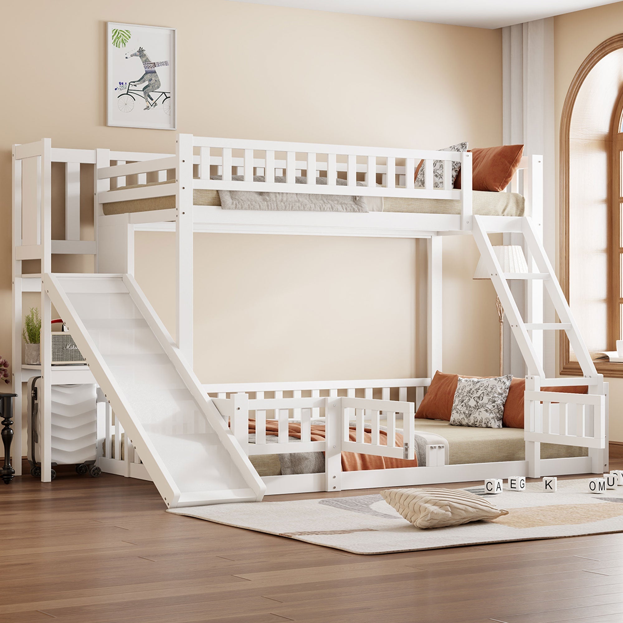 Bunk Bed 90/140x200cm Slide Steps Storage Shelves - White Pine Wood