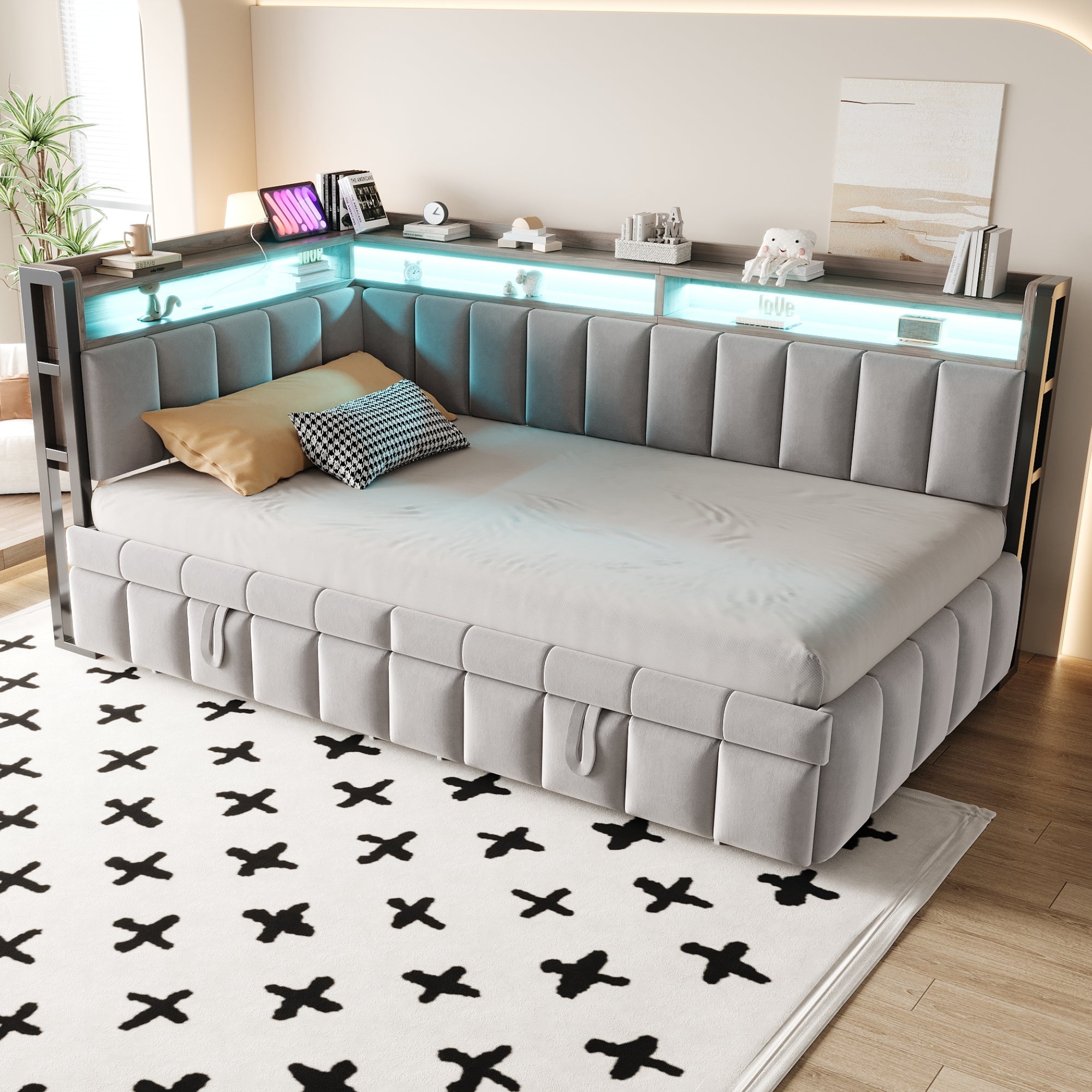 Upholstered Sofa Bed 90x200cm Pull-out LED Storage USB/Type-C Light Grey Velvet