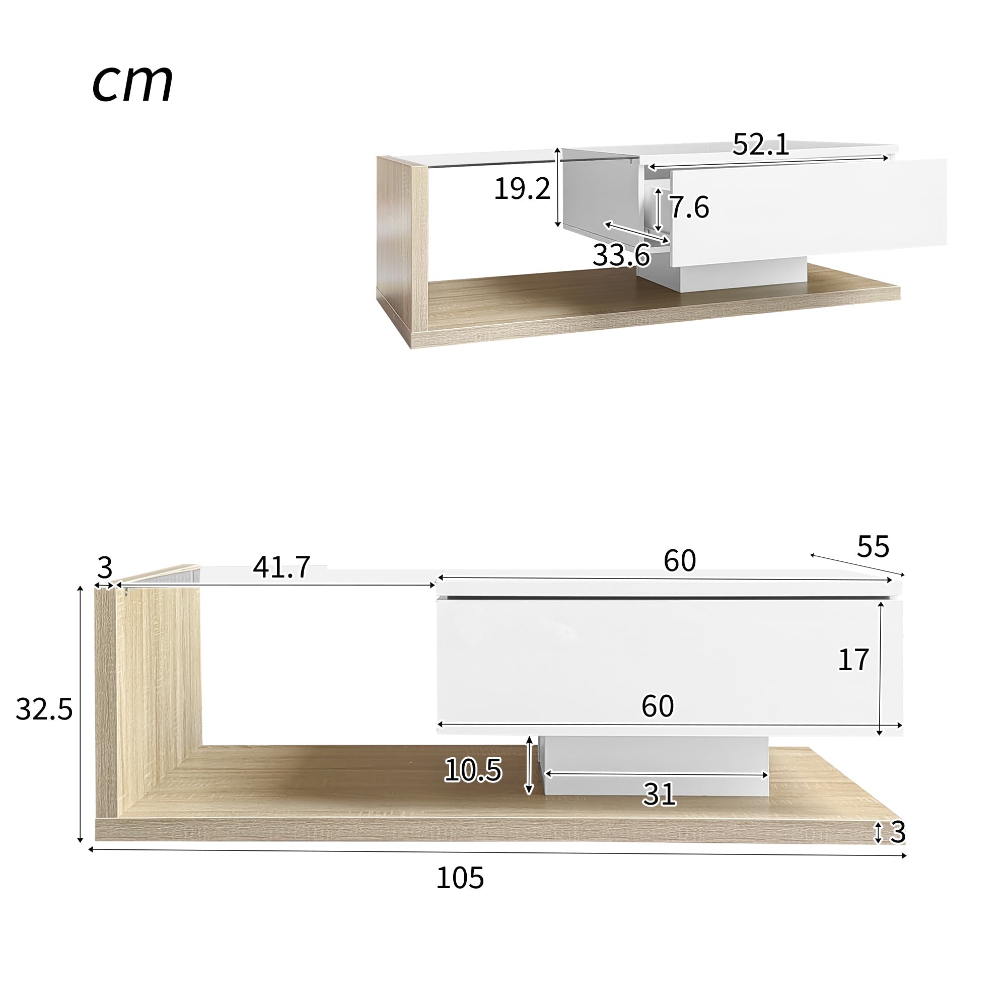 Coffee Table with Glass and LED, High Gloss White and Wood