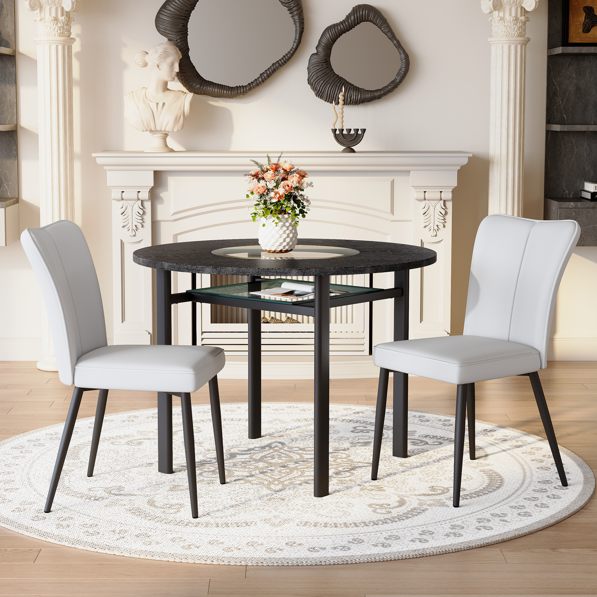Round Table Set 100cm Modern Minimalist 2 PU Armchairs - Black/Light Grey