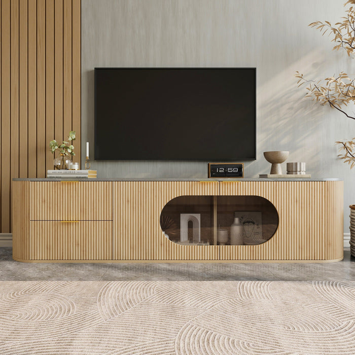 Modern Minimalist TV Cabinet with 3D Stripes and Glass Display, Wood Look and Grey Glass