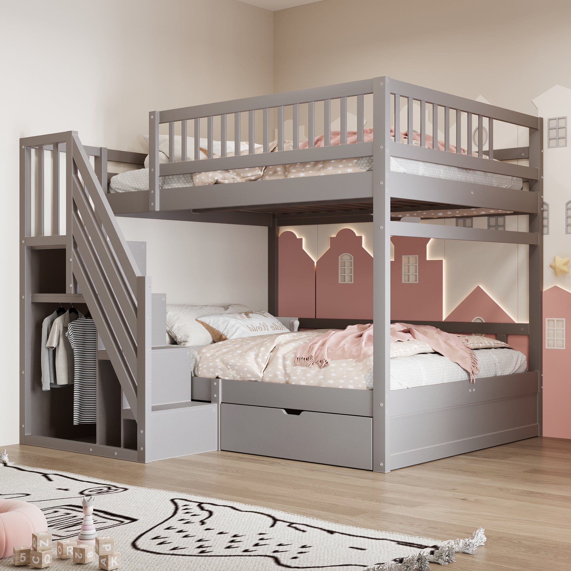 Solid Wood Bunk Bed 140x200cm High Safety Rail Storage Ladder Drawers, Grey