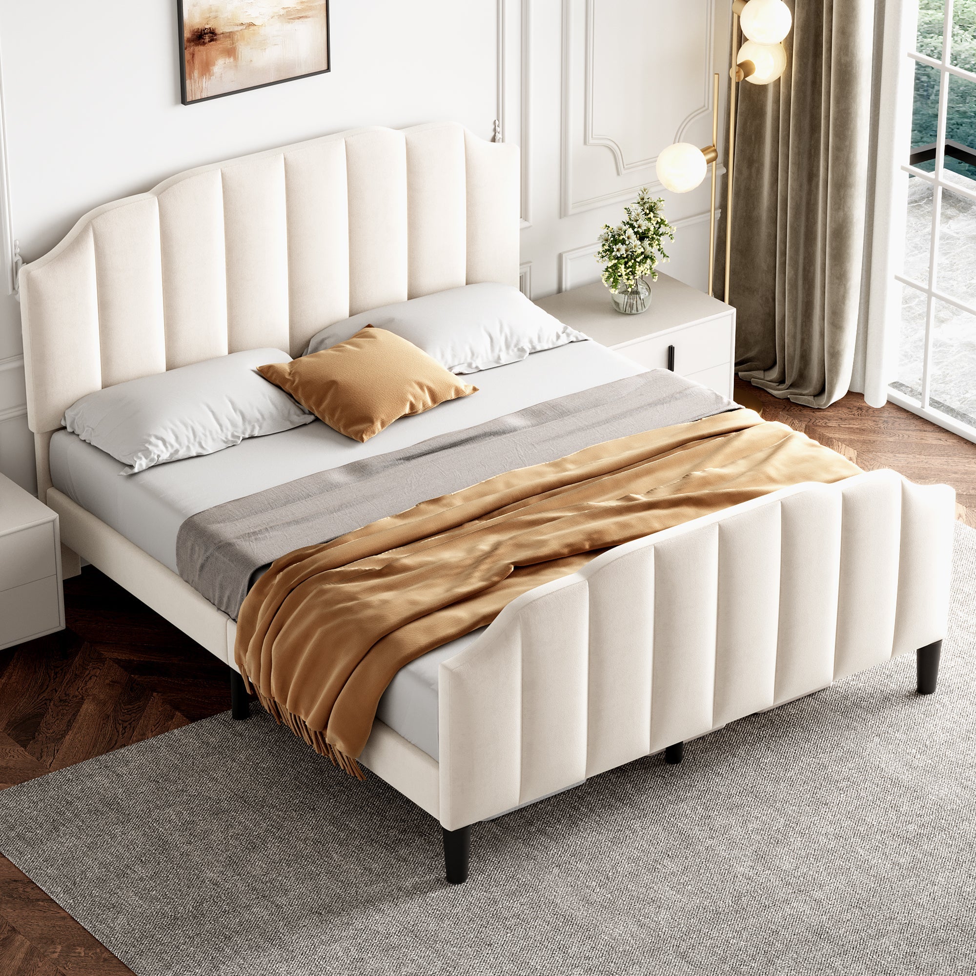 4ft6 Double Upholstered Bed Frame with Adjustable Channel-Tufted Headboard and Solid Wood Slat, Velvet Beige