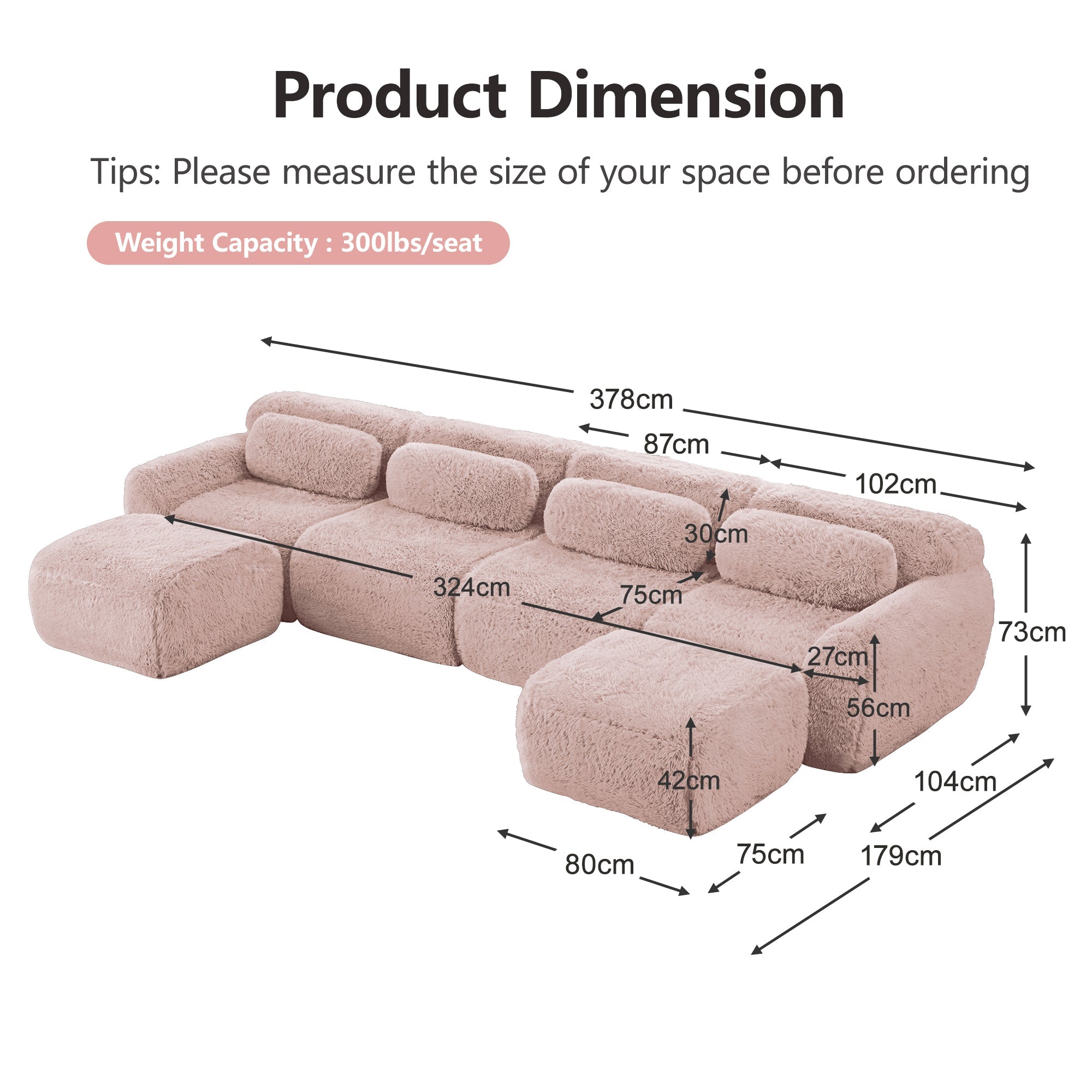 U-Shaped Modular Sofa No Assembly Plush Fabric - Pink