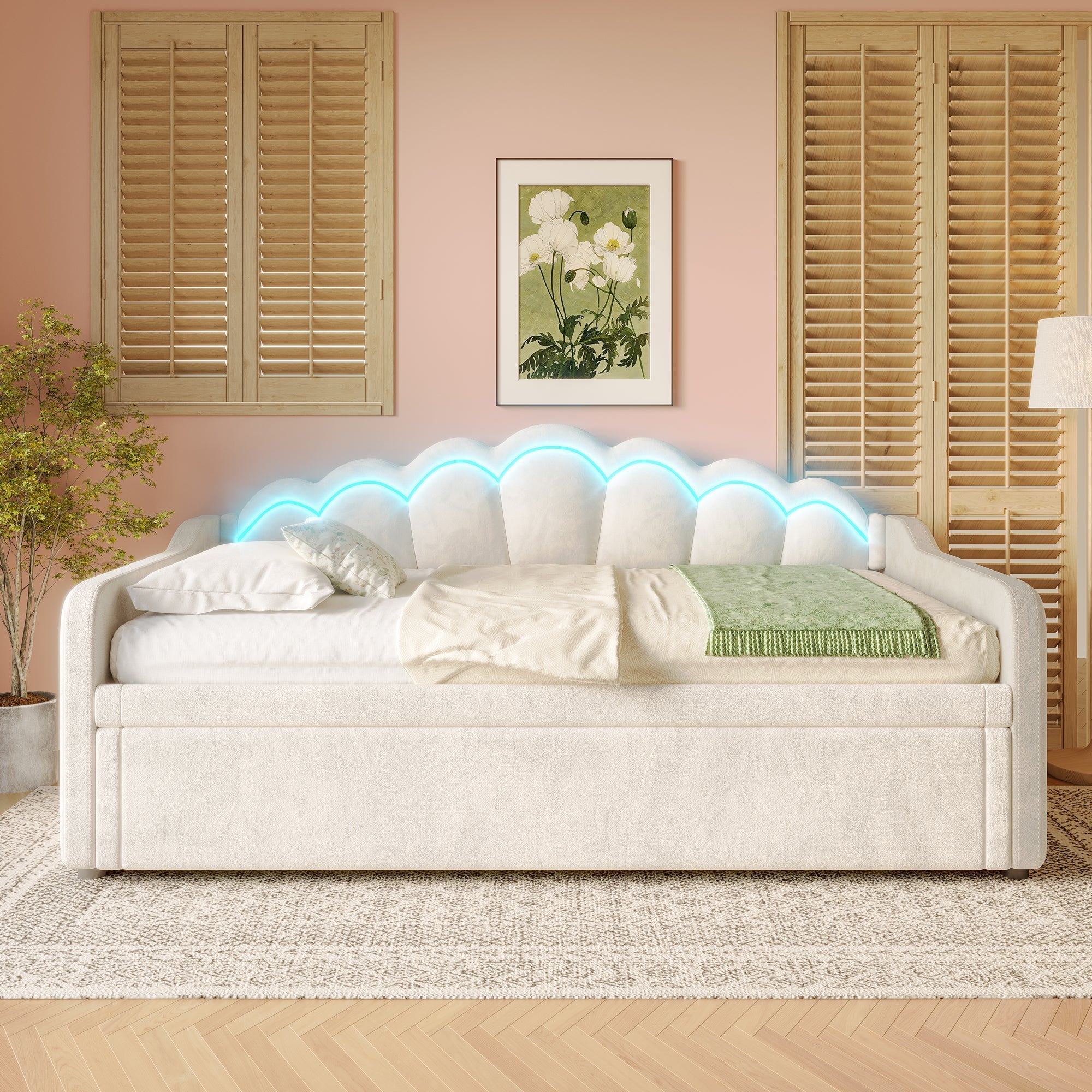 Daybed Sofa Bed Pull-out Double Bed LED 90/180x200cm - Velvet Beige