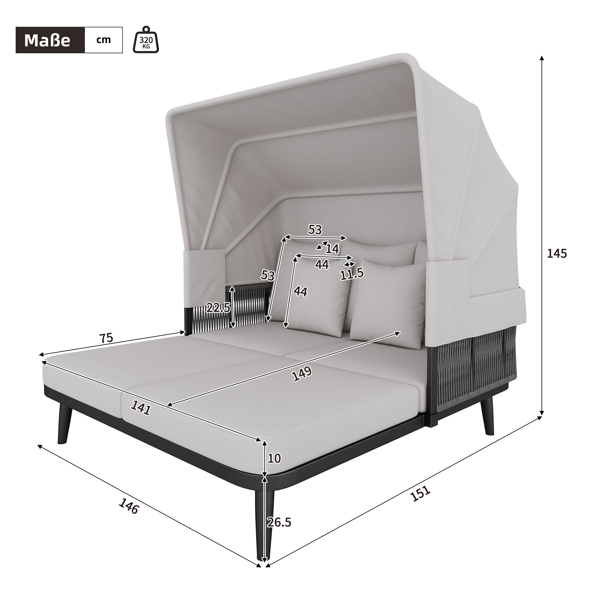2-Person Garden Sun Lounger with Retractable Awning and Handwoven Rope, Grey