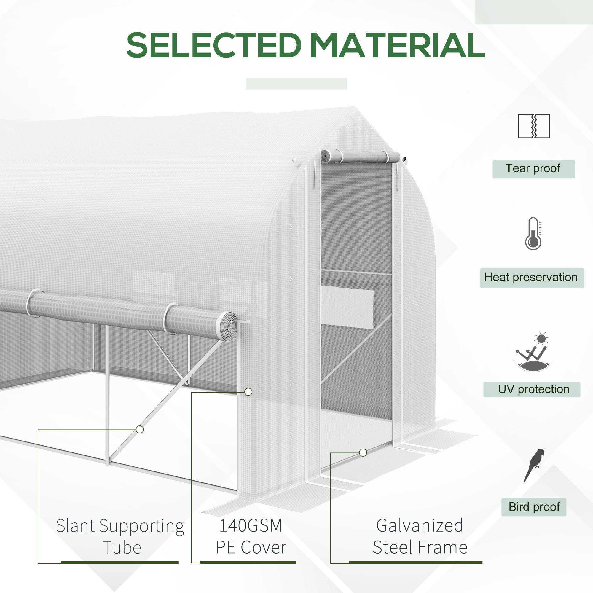 3 x 2(m) Walk-in Polytunnel Greenhouse, Zipped Sidewalls, 6 Mesh Windows, White PE Cover