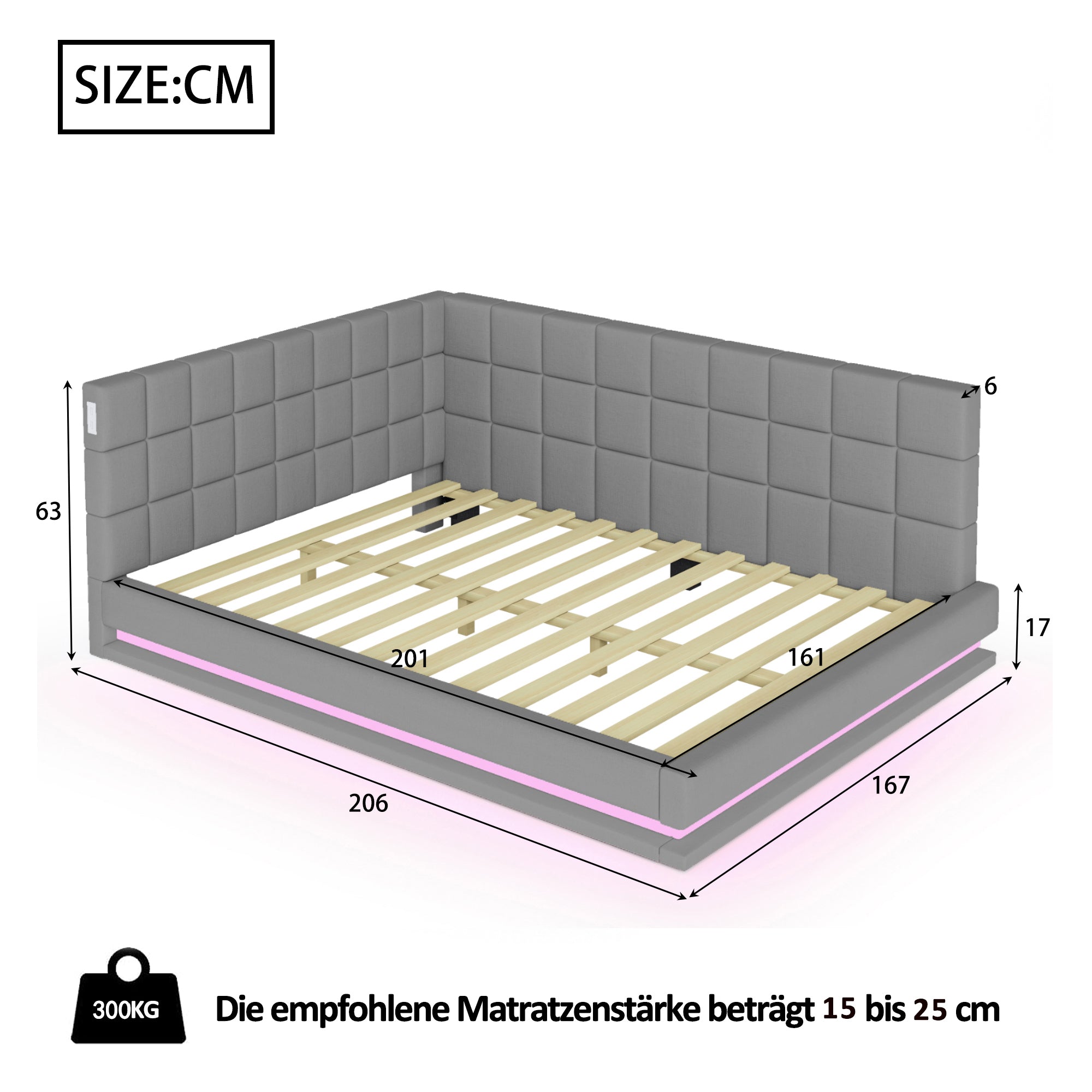 Upholstered Sofa Bed 160*200 Multifunctional with LED & USB, Grey Linen