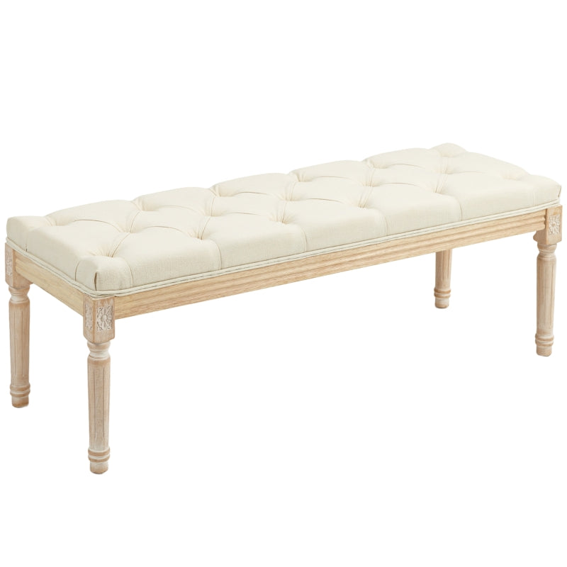 Vintage Bed End Bench Button Tufted Upholstered Wooden Cream White