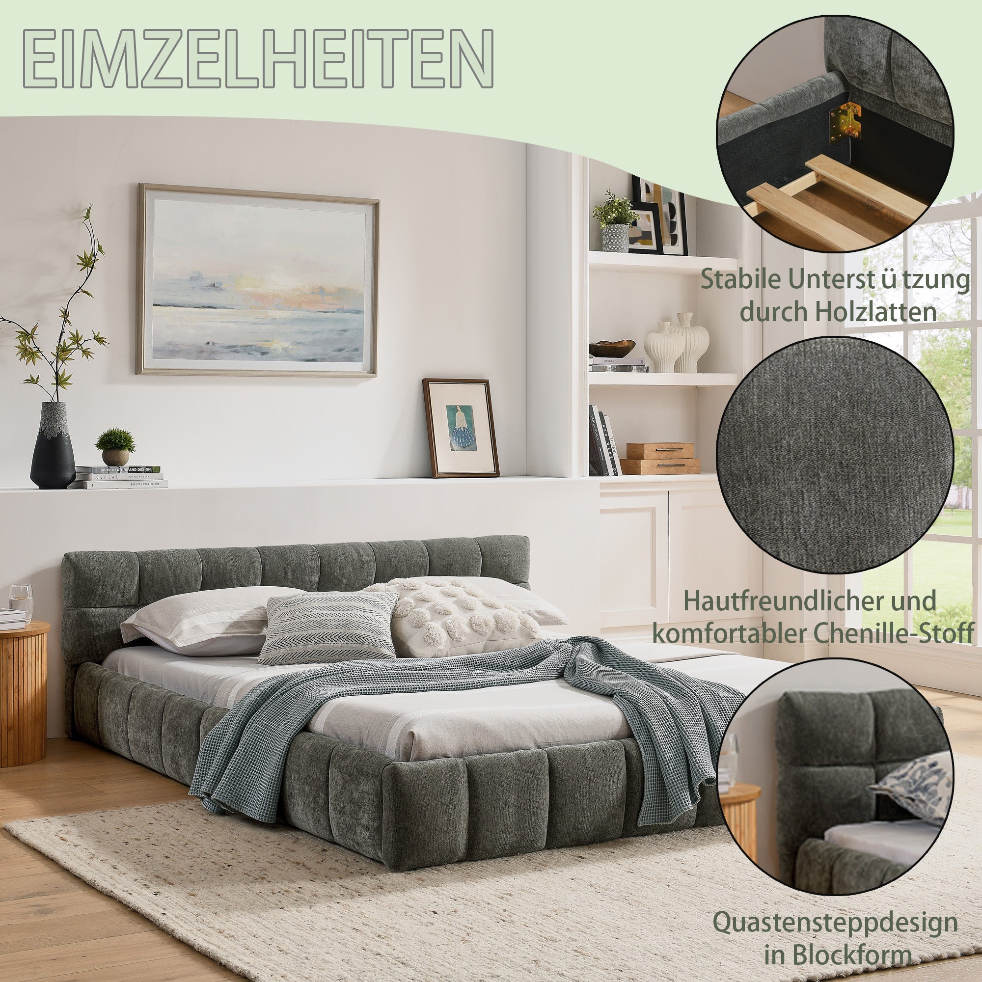 Double Bed 160x200cm Chenille Quilted Eucalyptus Wood Frame, Dark Grey
