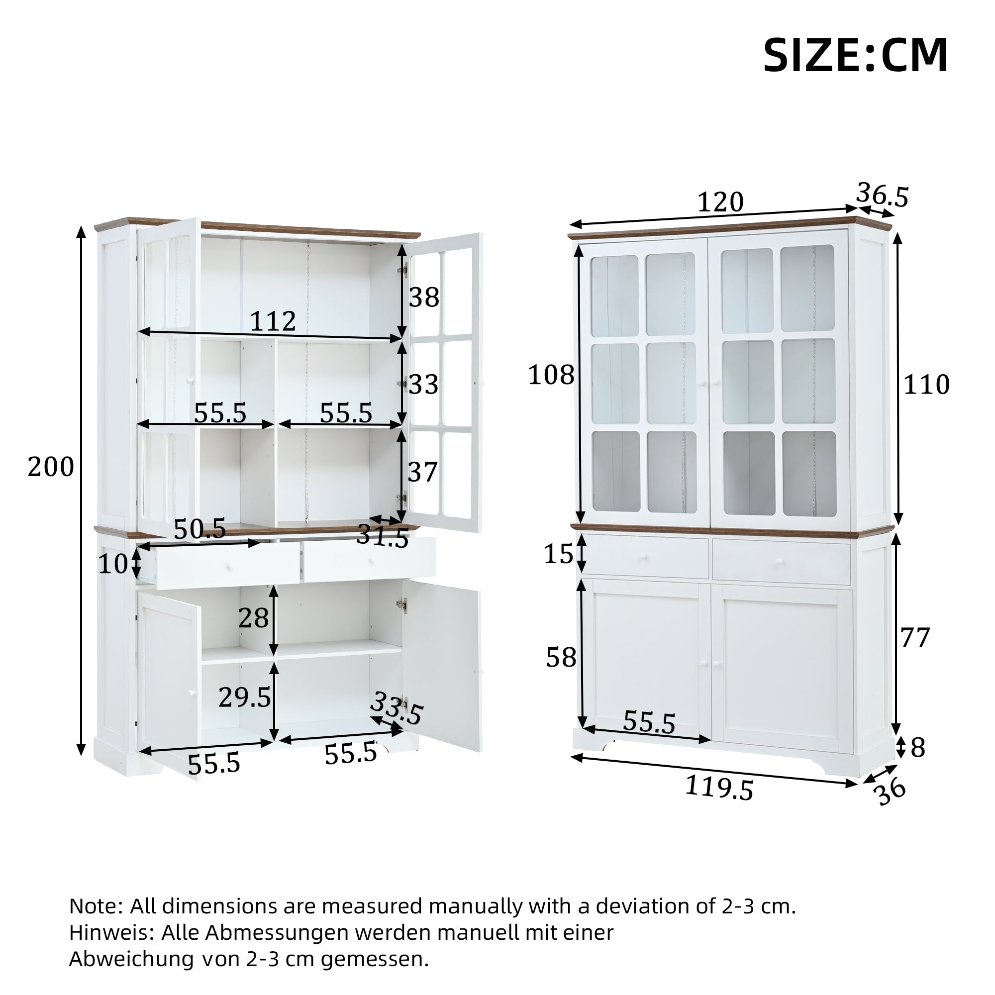 Tall Display Cabinet Glass Doors 2 Drawers LED Lighting White