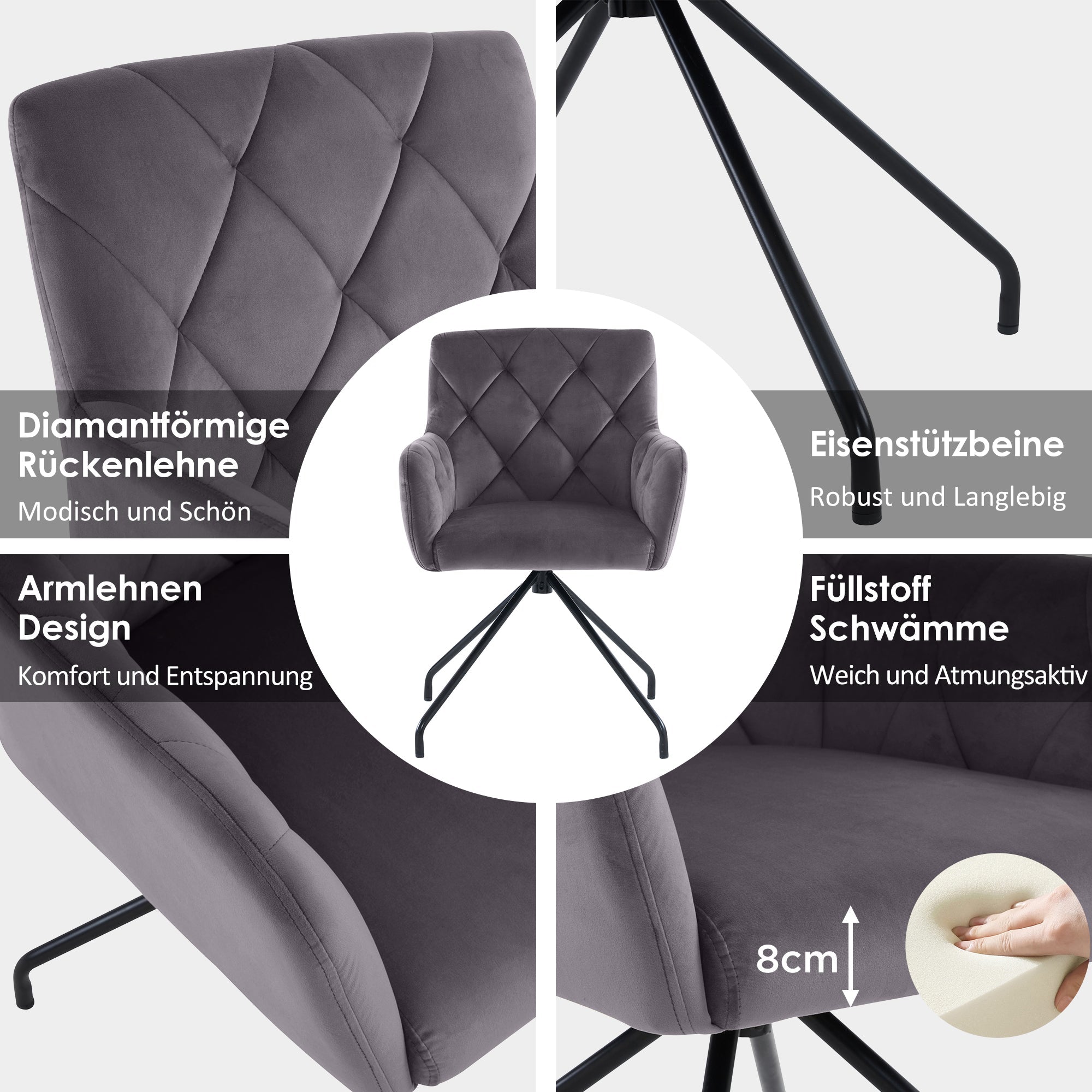 Dining Chairs Set of 4 with Diamond Pattern, Metal Legs and Lumbar Support, Grey Velvet