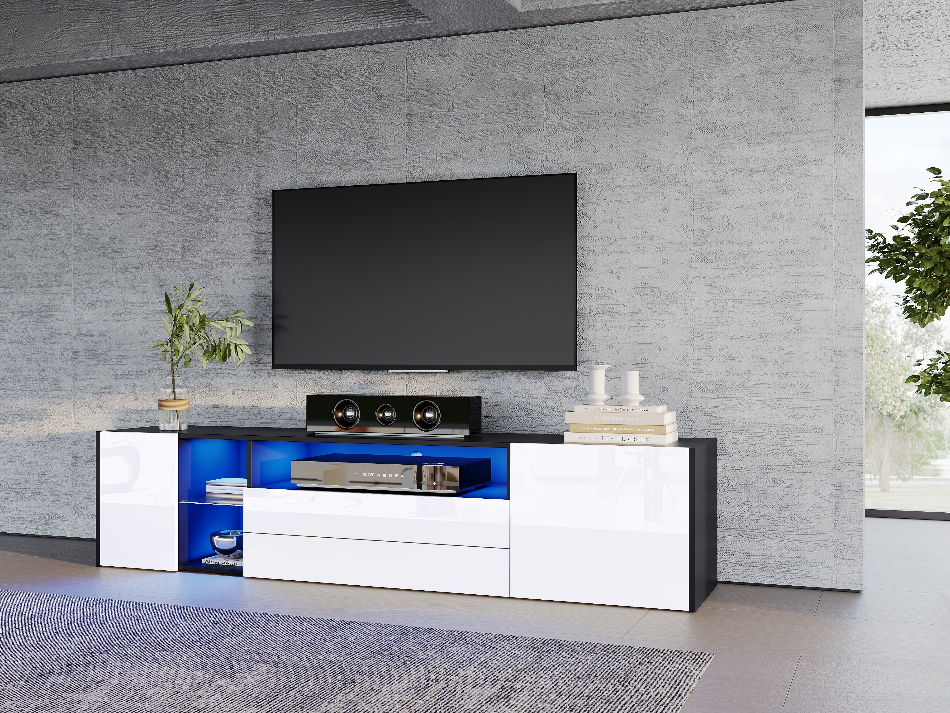TV Stand Cabinet, 180x40x45cm LED Lowboard with 2 Drawers & 2 Cabinets for 75-inch TVs, Black and White
