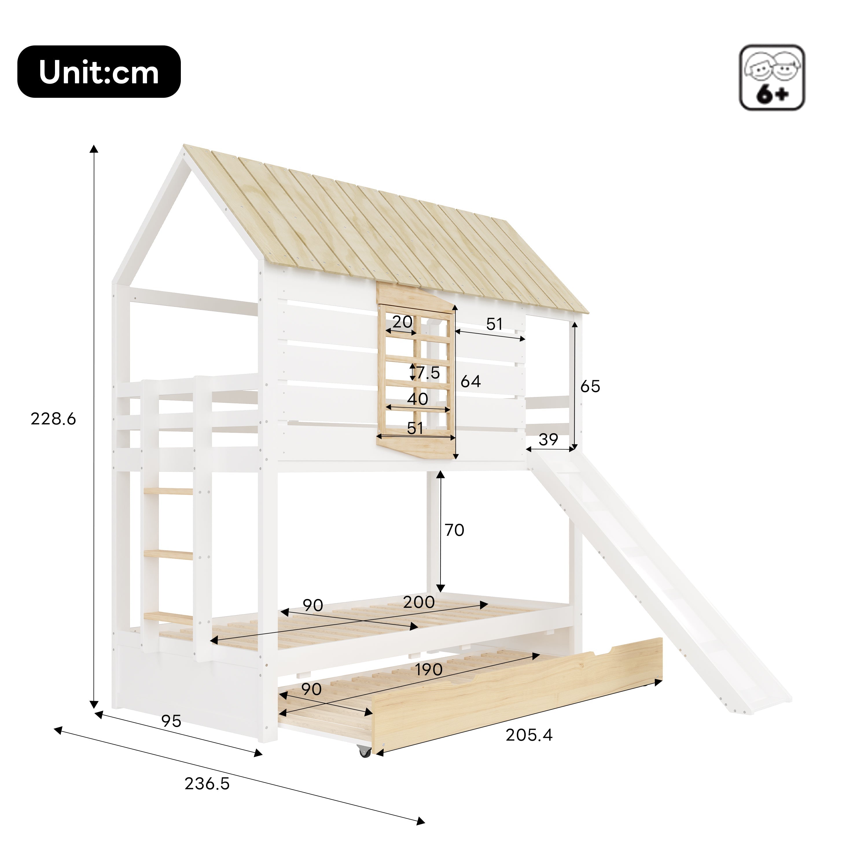 House-Shaped Bunk Bed with Slide and Pull-Out Bed, 90x200, White and Natural Pine