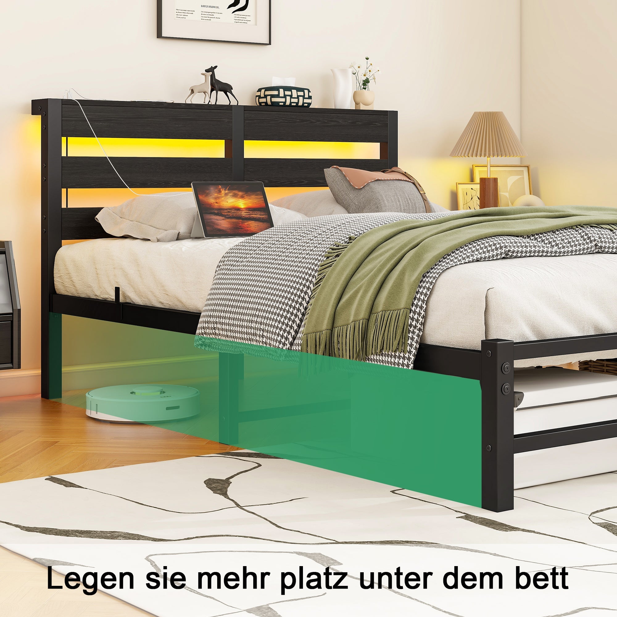Metal Bed 120x200 LED USB Charging Under-Bed Storage - Metal