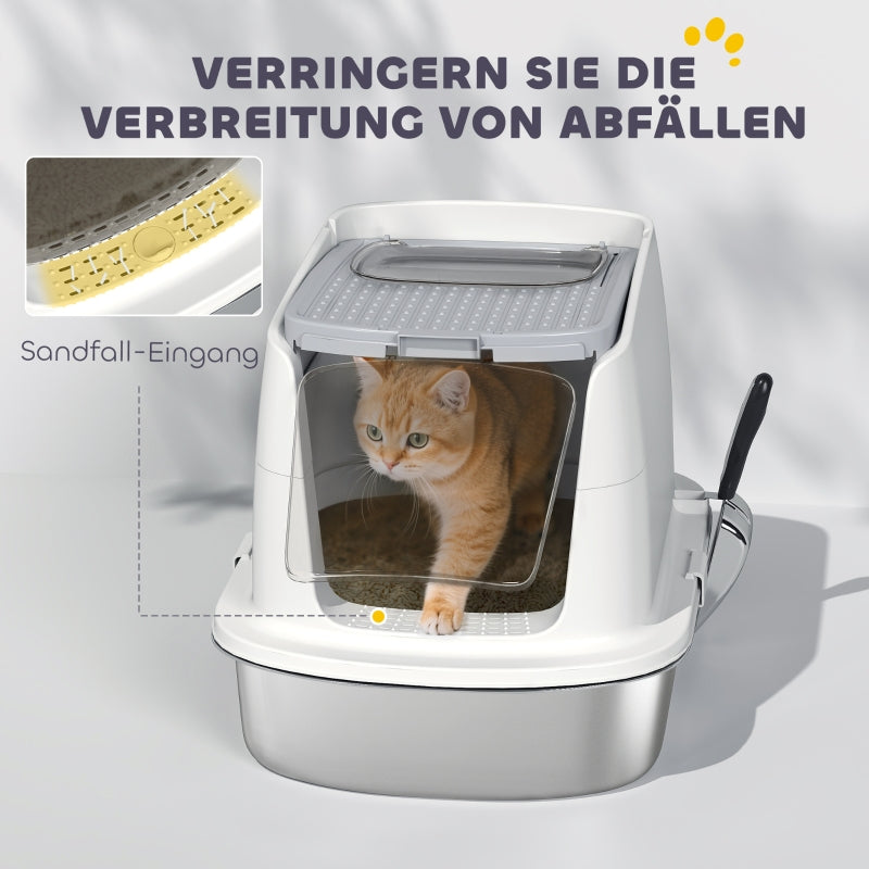 Stainless Steel Cat Litter Box, Enclosed with Scoop, Odor Bag, Entry/Exit