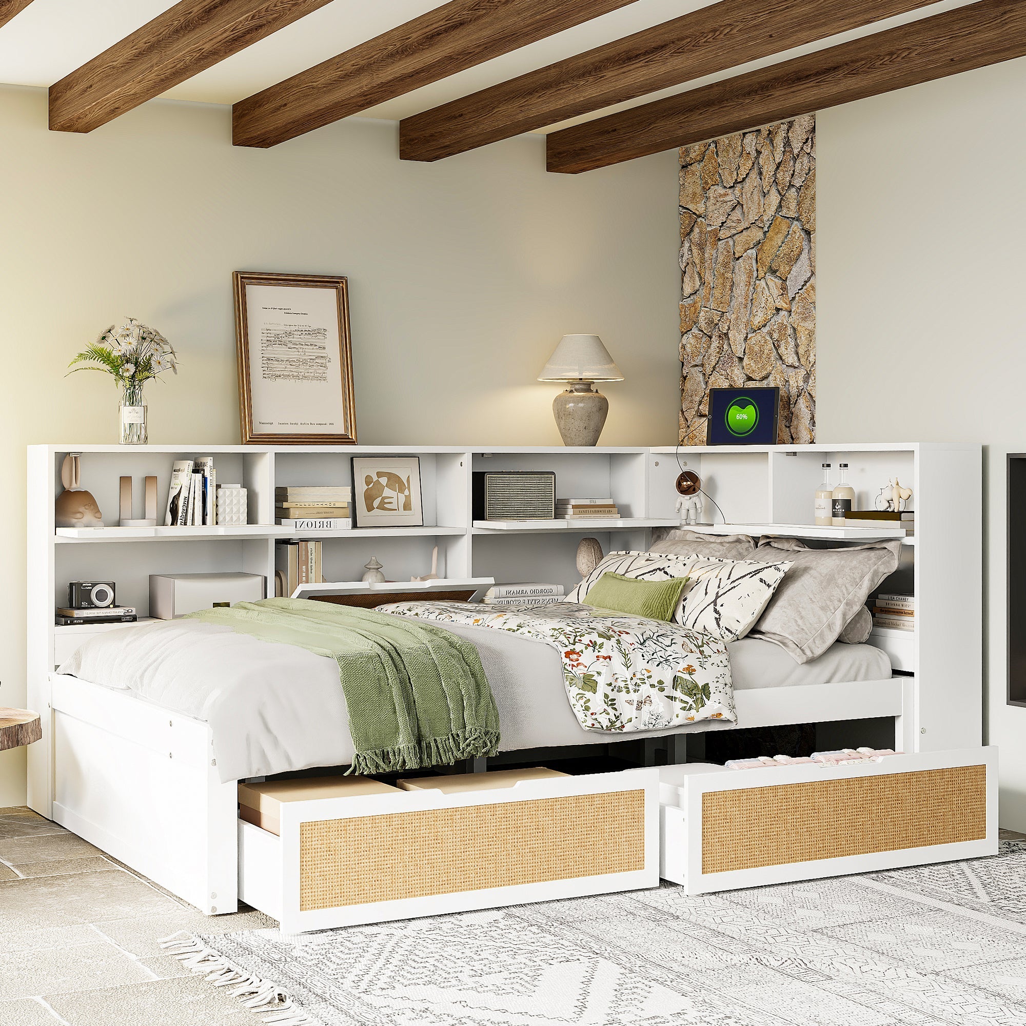 Solid Wood Sofa Bed 140x200 Multifunctional Single/Children's Storage Charging Port, White