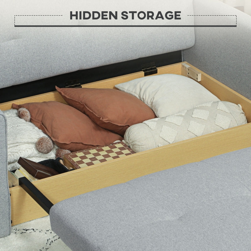 2 Seater Sofa Bed, Convertible with Hidden Storage, Linen Light Grey