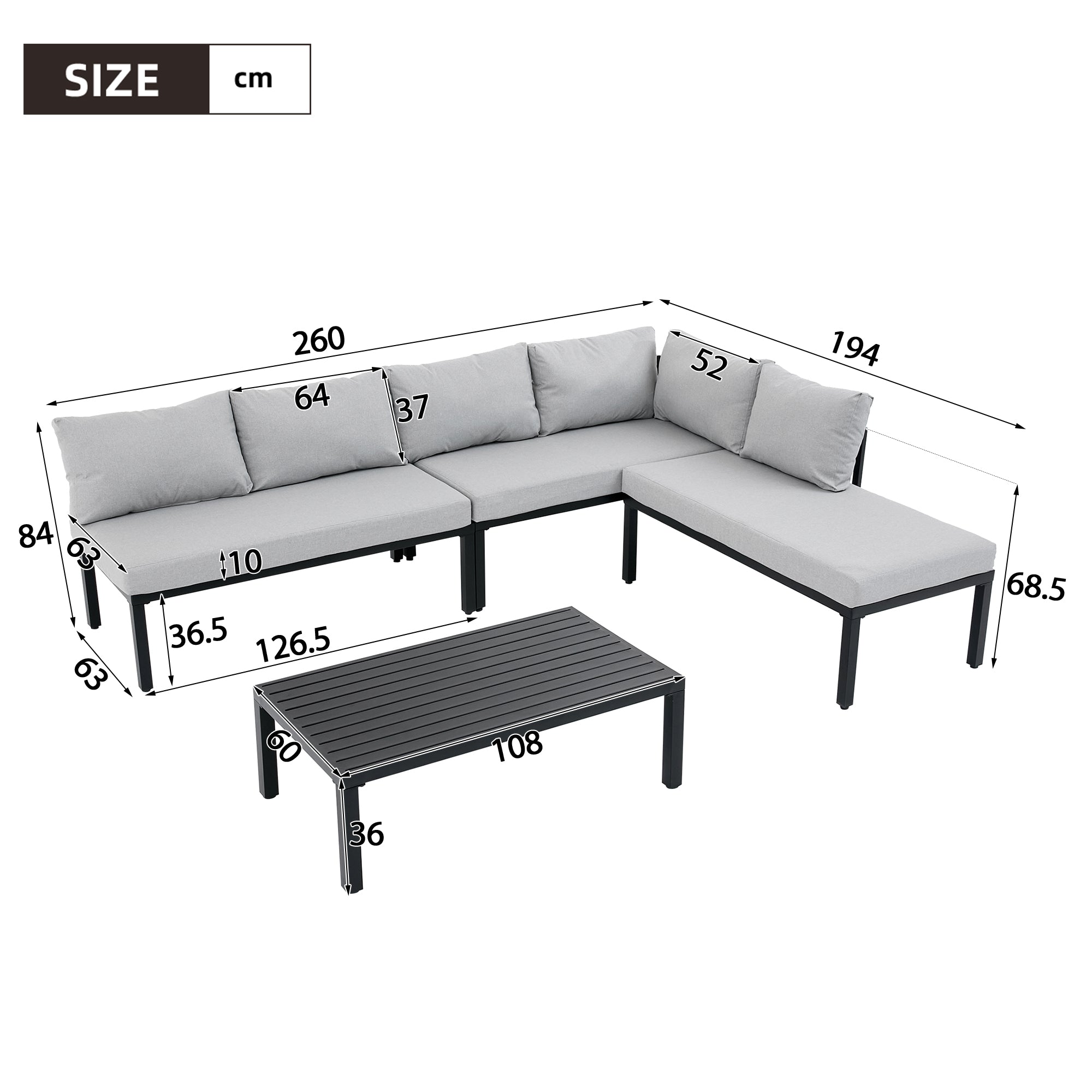 Garden Dining Set, 6-Seater Modular Lounge with Adjustable Legs and Removable Backrest, Grey Galvanized Iron