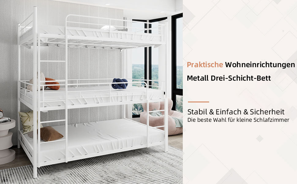 Triple Frame Bed, Heavy-Duty with Built-in Ladder & Railing, Metal