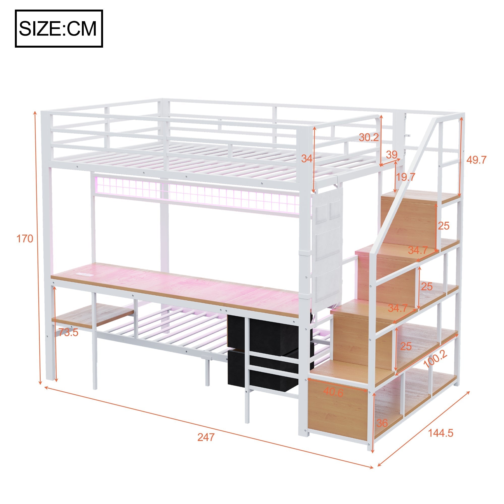 Metal Loft Bunk Bed with Desk LED Storage 140x200/90x200 White