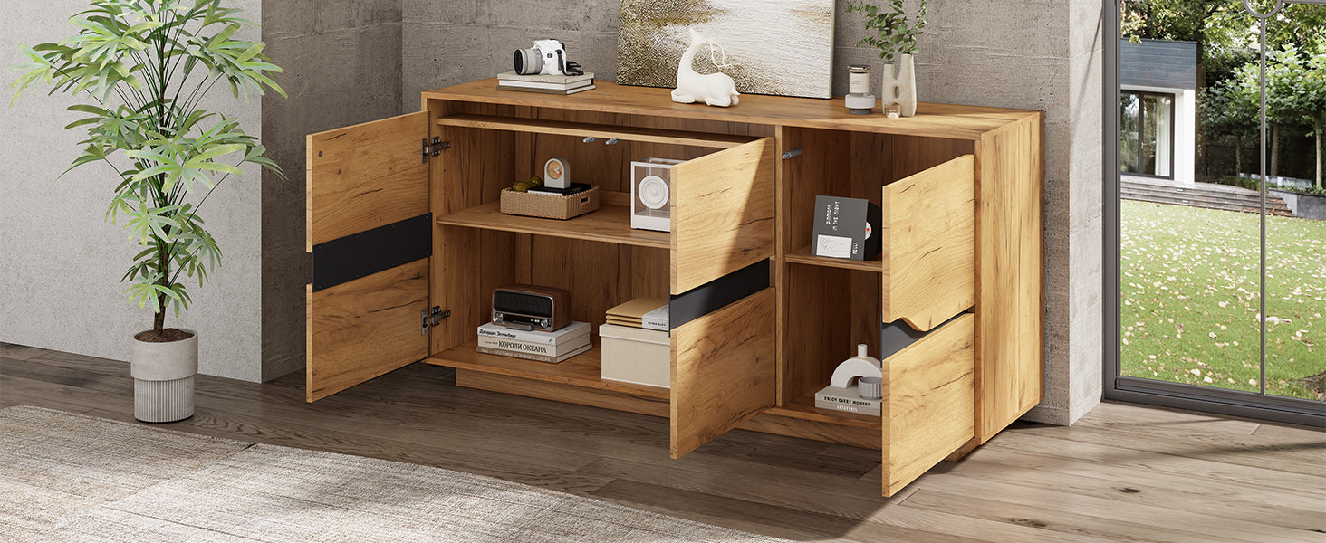 Sideboard Cabinet 3 Doors Adjustable Dividers Handleless 140x40x70cm Wood Color + Black