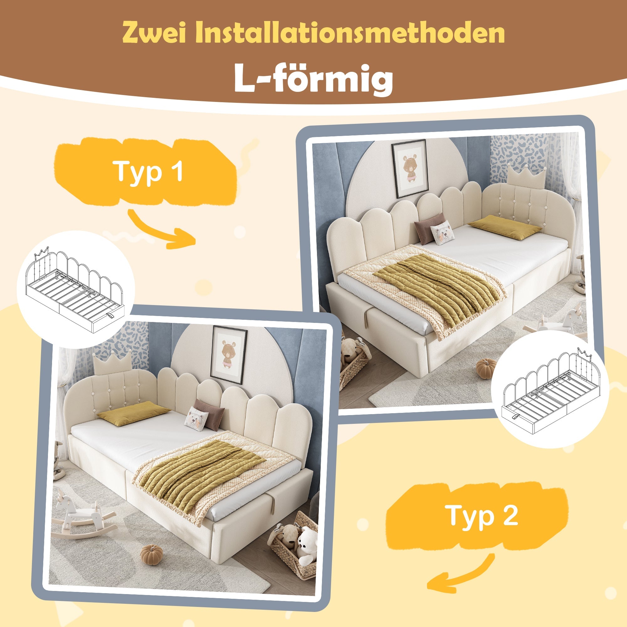 Upholstered Daybed with Hydraulic Storage and Crown-Lattice Design, 90x200cm, Beige Velvet
