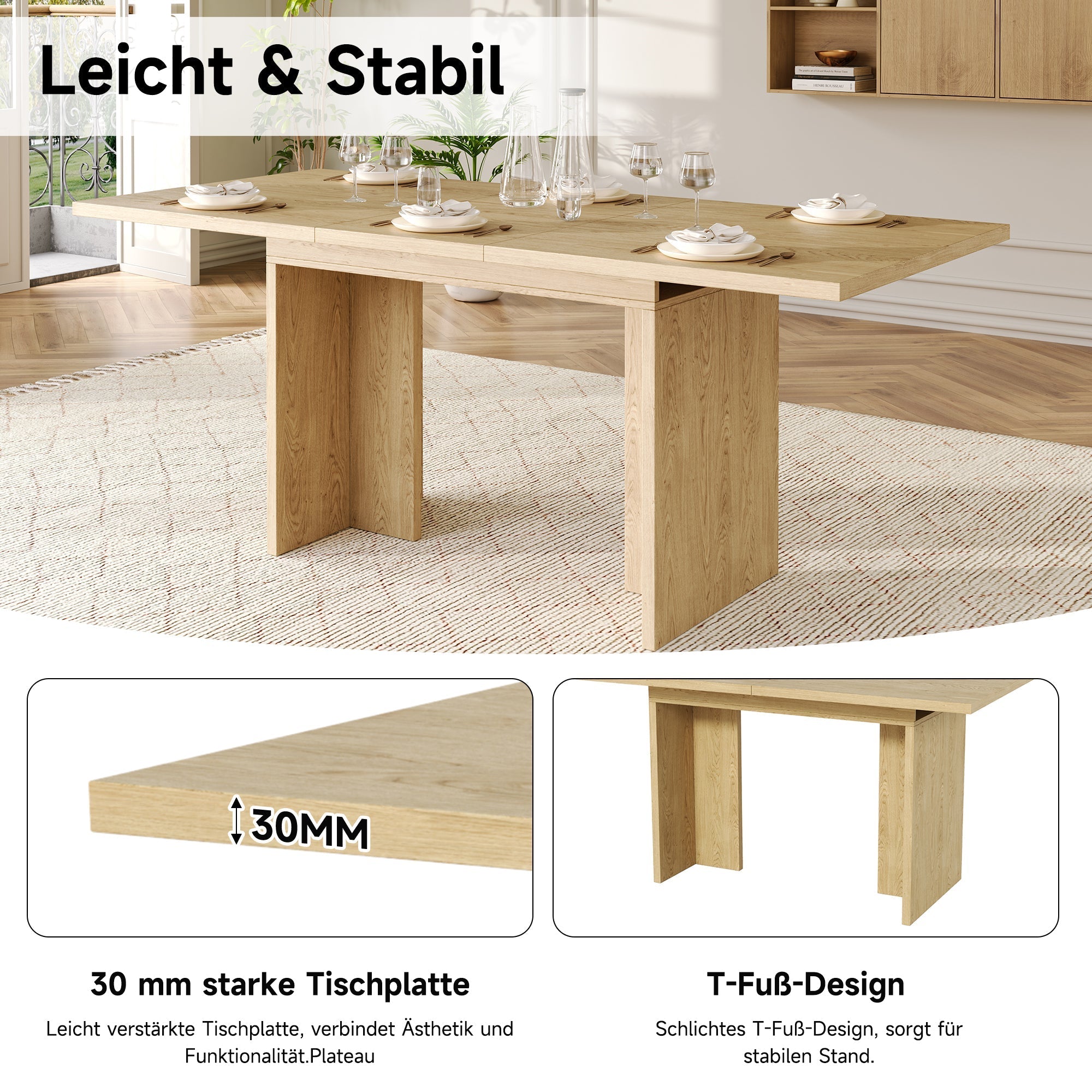 Extendable Dining Table 140/180x80cm Rectangular 6-8 Seater - Oak Color