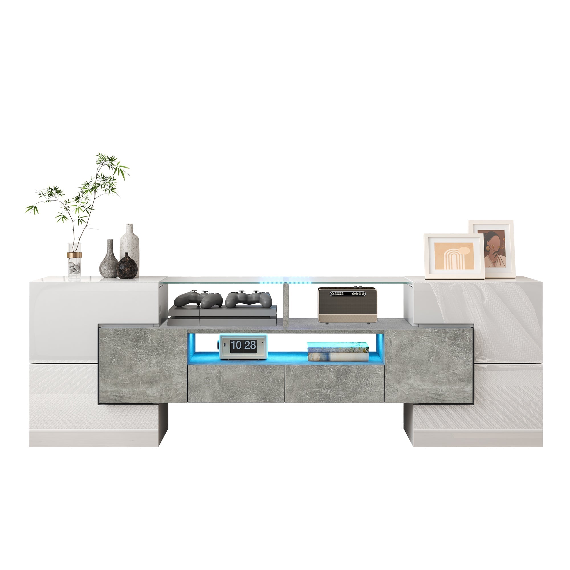 TV Cabinet Lowboard 145cm LED Lighting Modern High-Gloss White