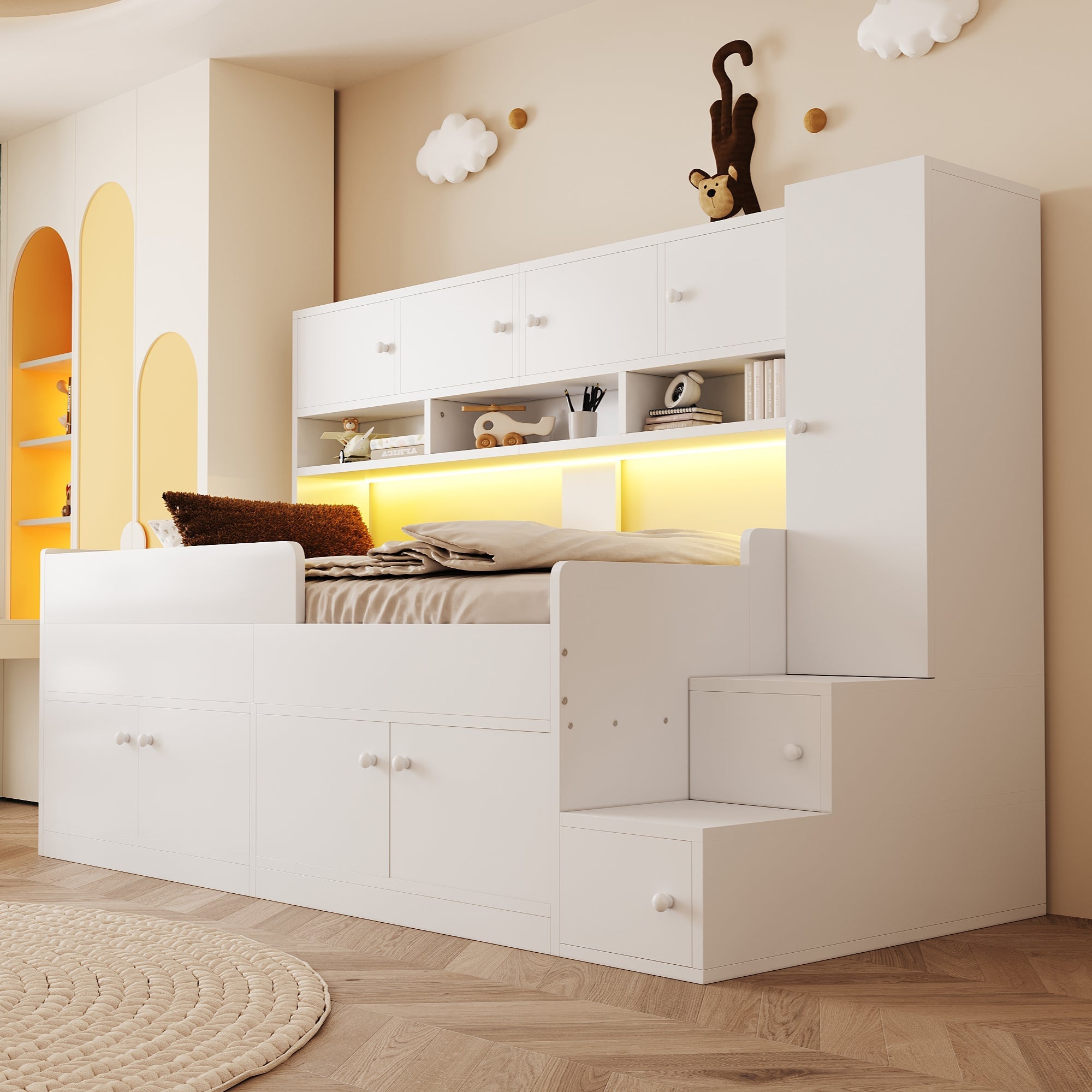 Wooden Children's Bed with Storage, Wardrobe, Ladder and LED Lighting, 90x200cm, White Wood