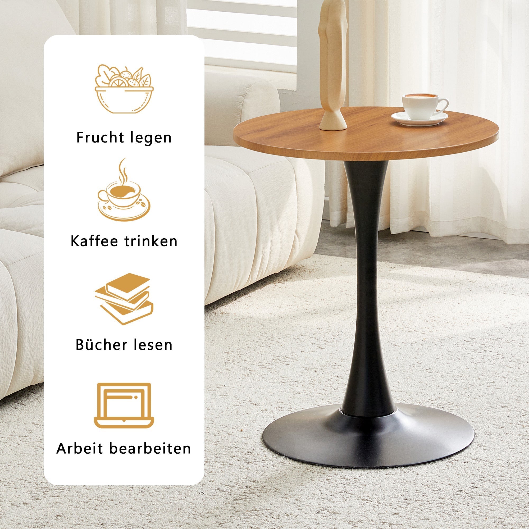 Round 60cm Side/Dining Table Wood Grain Top - Black Leg