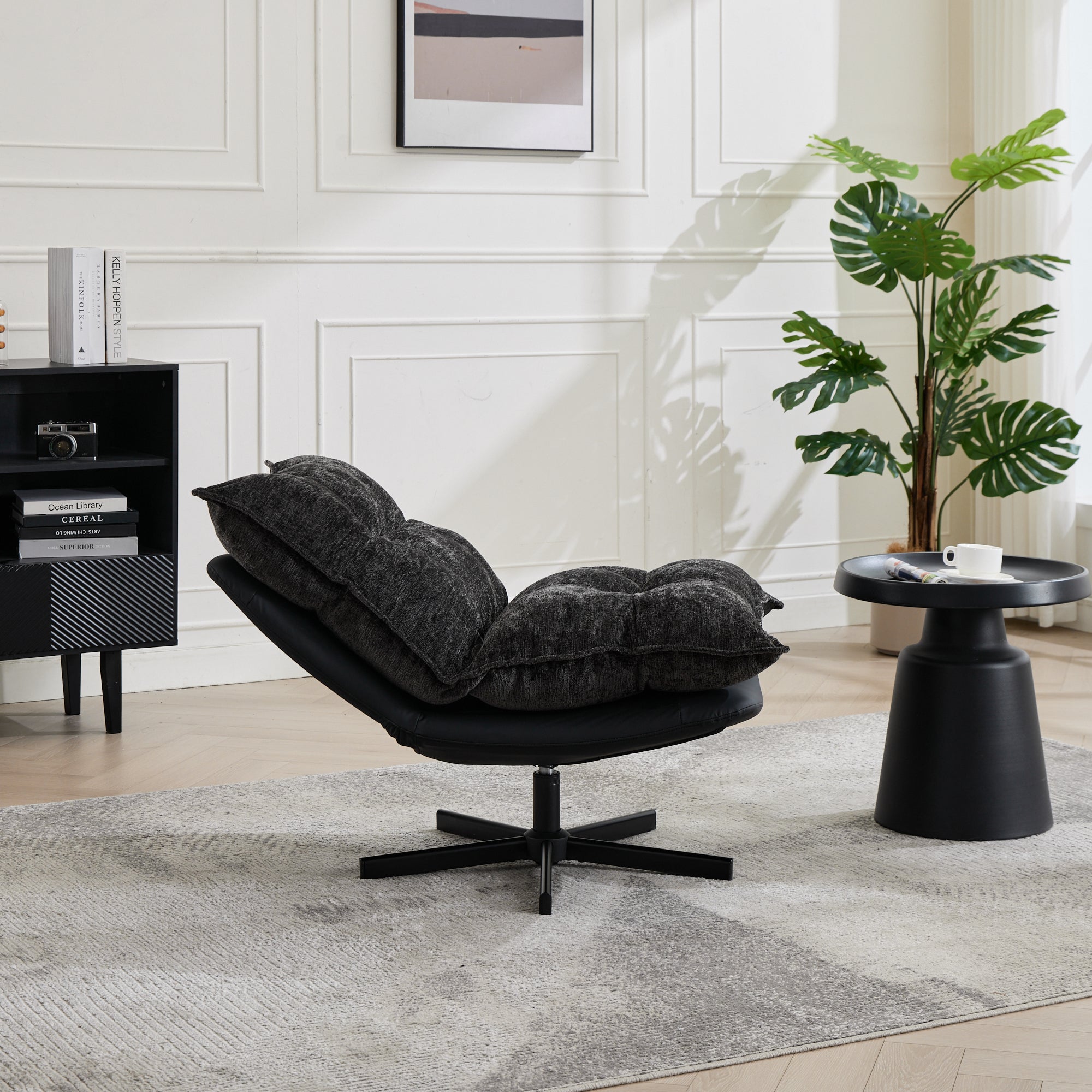 Swivel Recliner with 3-Position Adjustable Backrest and Memory Foam, Dark Grey Chenille and Faux Leather