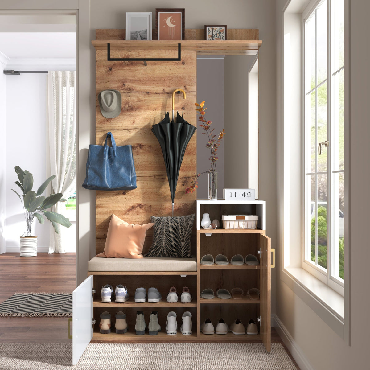 Wardrobe Set with Mirror, Shoe Cabinet, Coat Rack, Bench, Hooks - White and Wood-colored