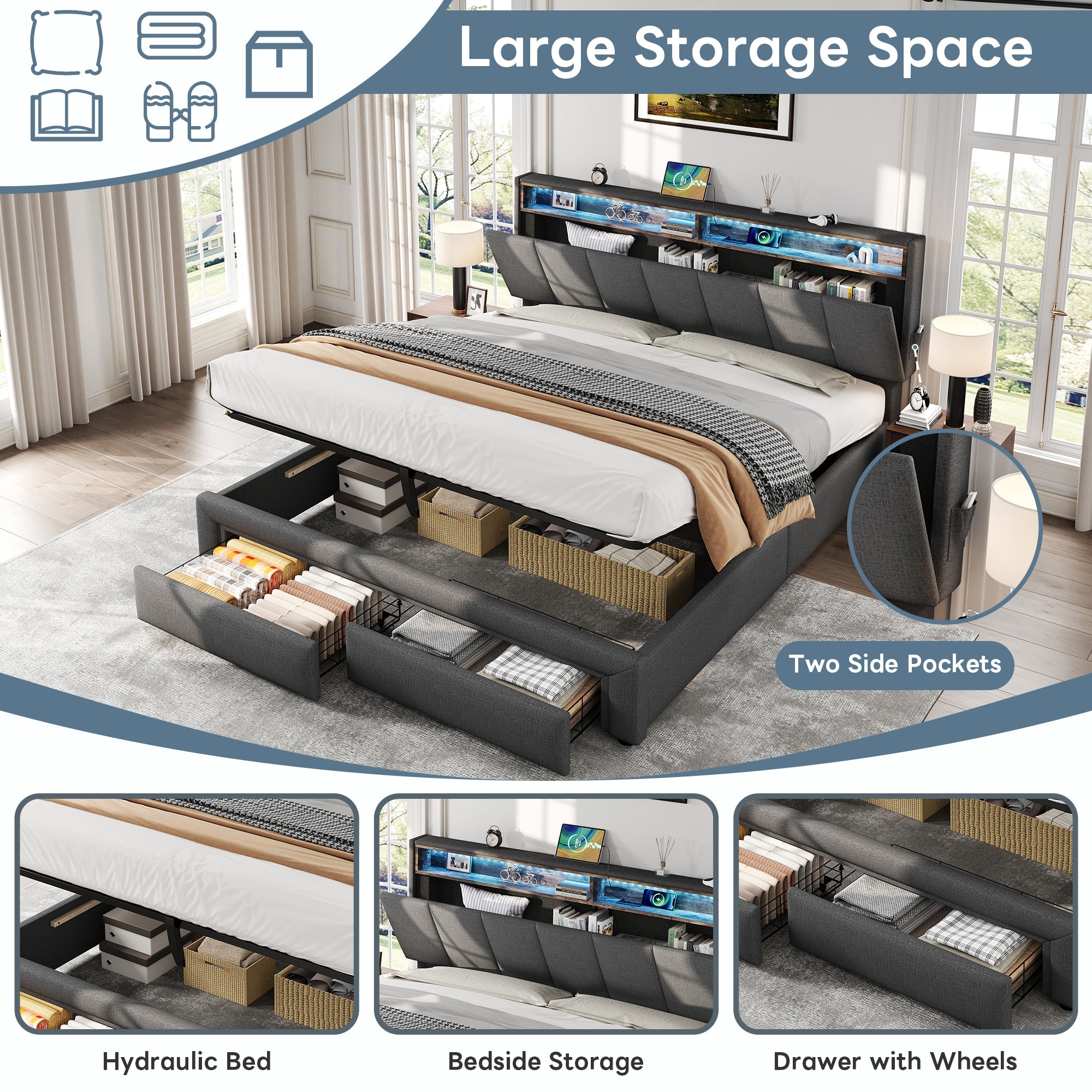 King Upholstered Bed Frame Hydraulic & Drawers Storage, LED Adjustable Headboard, Linen Grey