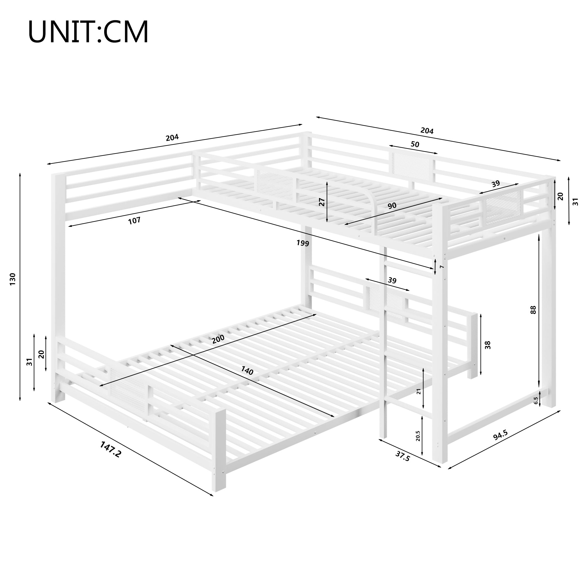 L-Shaped Bunk Bed with 90x200 and 140x200 Metal Frame, White