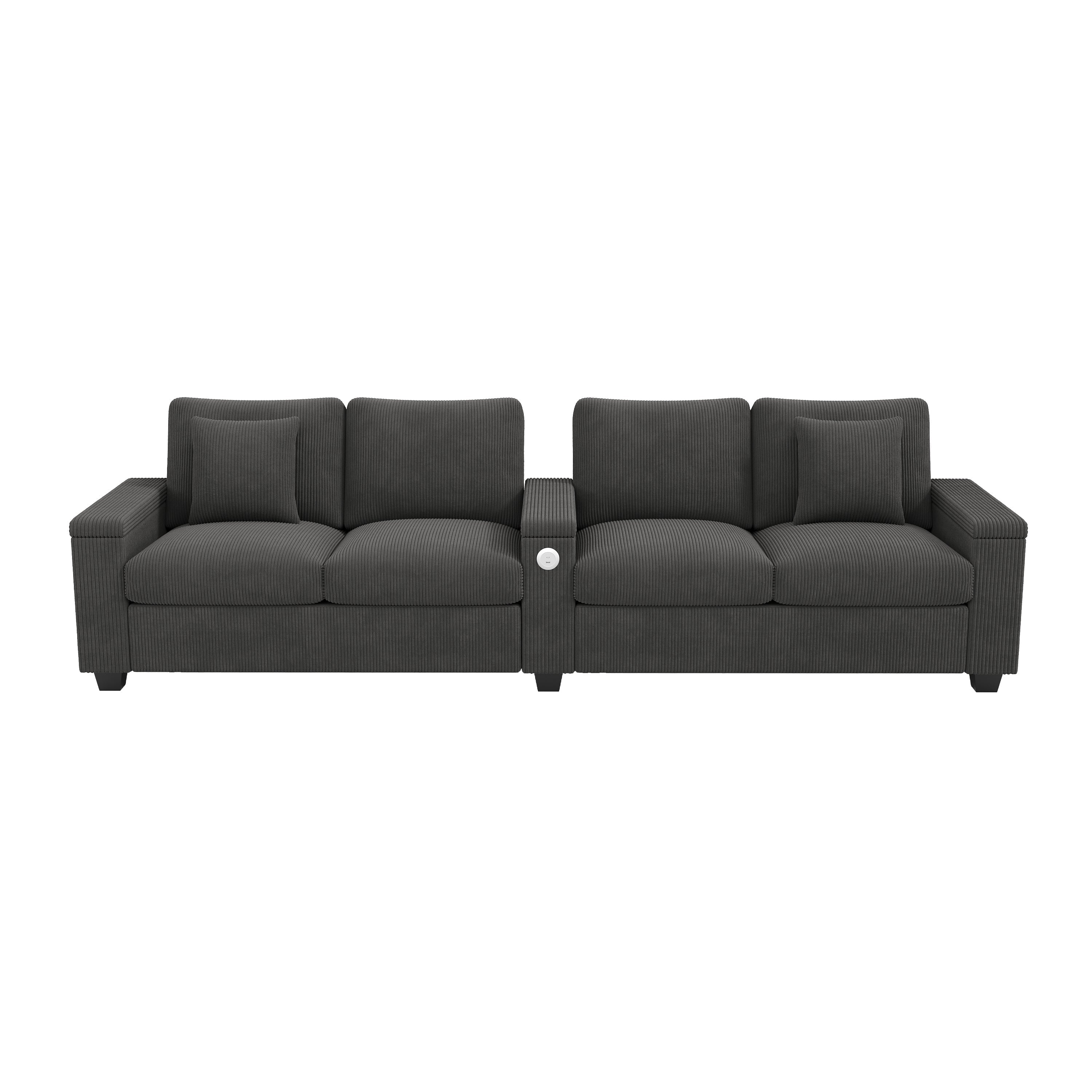 Modern 4-Seater Modular Sofa with USB Charging and Hidden Storage, Gray Corduroy