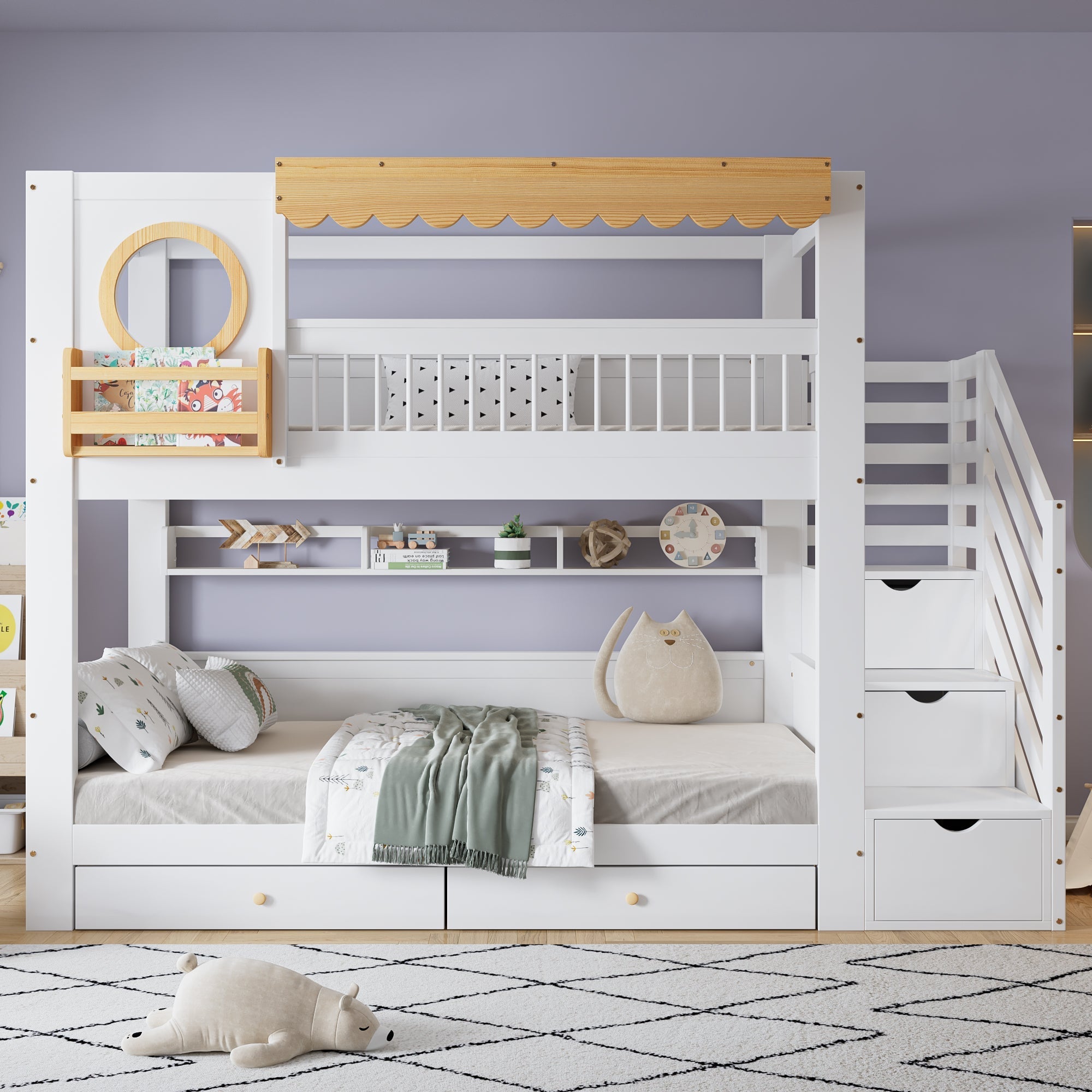Bunk Bed with Storage Drawers, Staircase Wardrobe, 90x200cm, Pine + MDF White/Natural