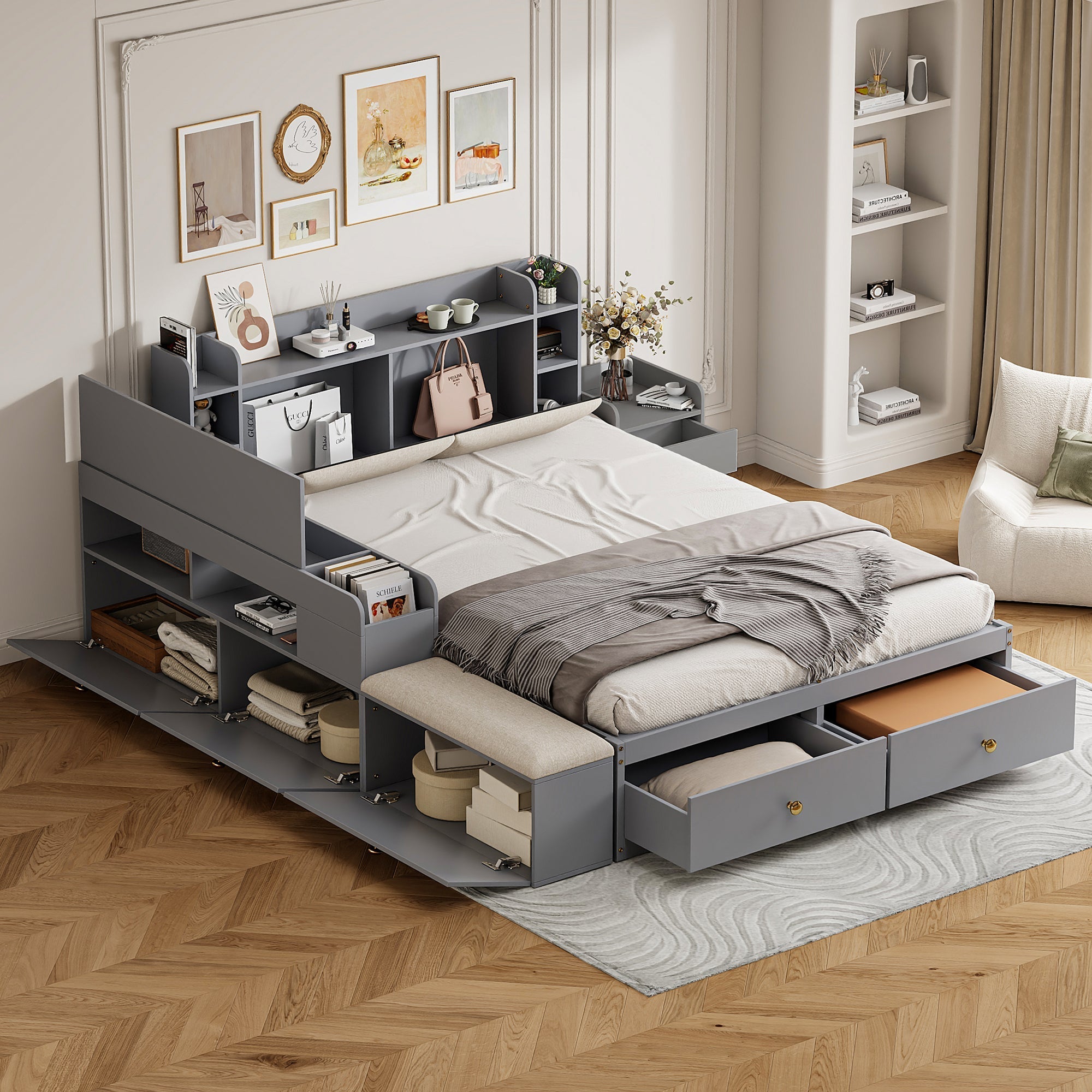 Solid Wood Combo Bed, 140x200cm with Storage & Sofa Bench, Gray