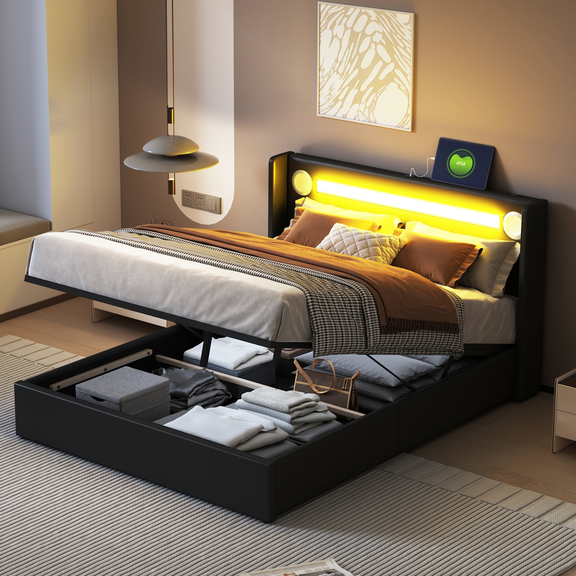 Upholstered Bed, 140x200 LED, Bluetooth & USB, PU Leather Black