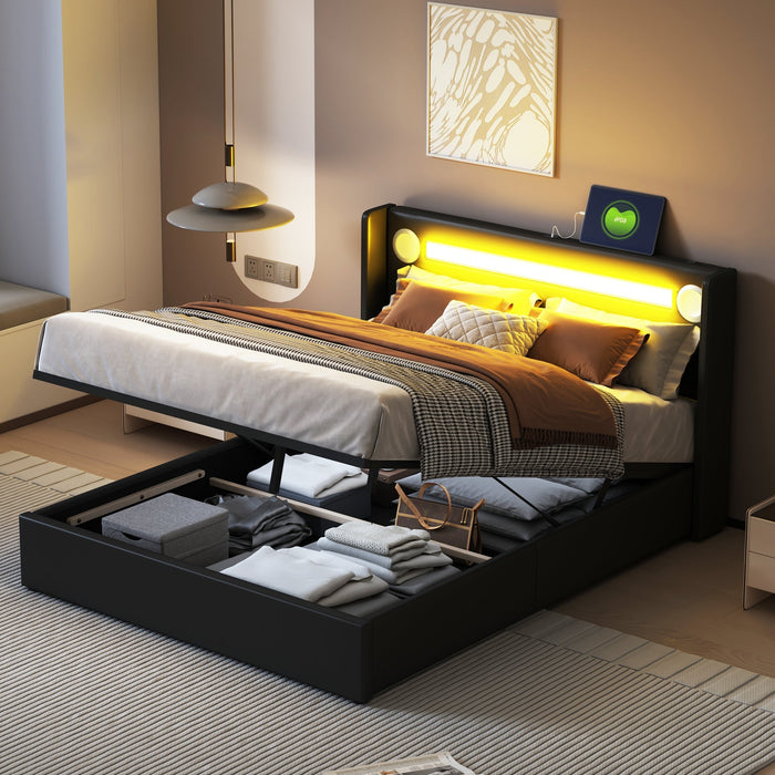 Upholstered Bed, 140x200 LED, Bluetooth & USB, PU Leather Black