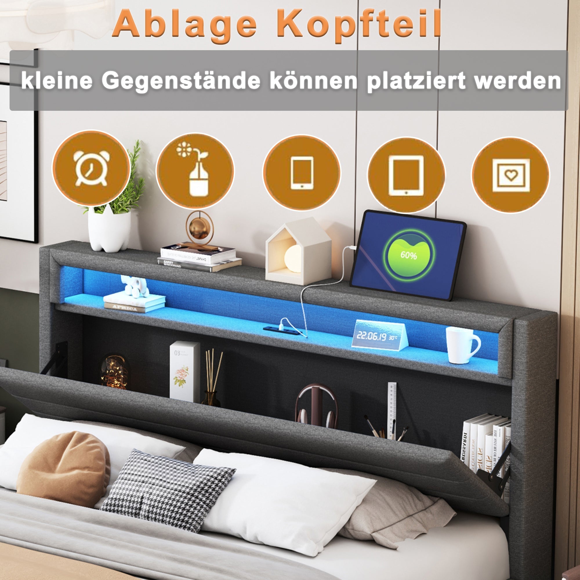 Upholstered Bed, 160x200 cm with USB & LED, Reversible Headboard, Grey Linen