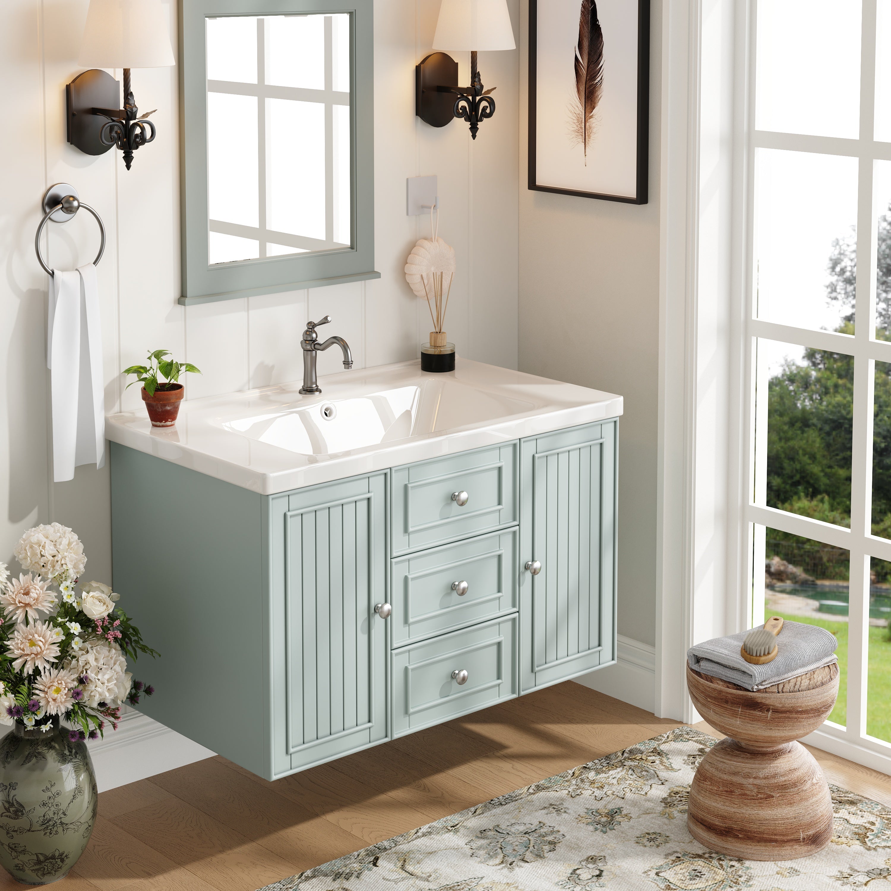 Wall-Mounted Vanity Unit with Sink & 3 Drawers 78.5x46.8cm - Green