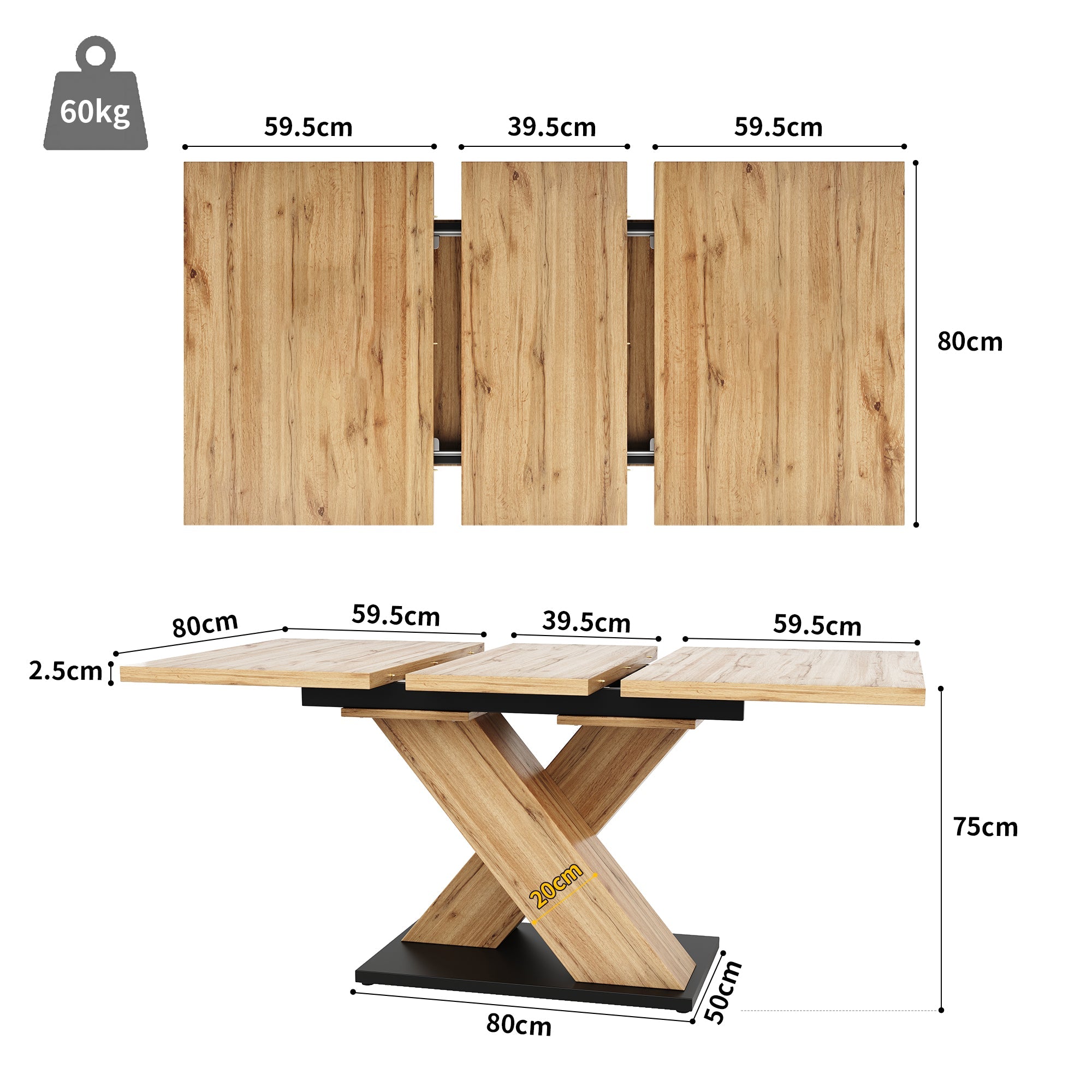Dining Table Telescopic Extendable (119-158.5x80 cm) for Kitchen & Living Room, Wood-Coloured