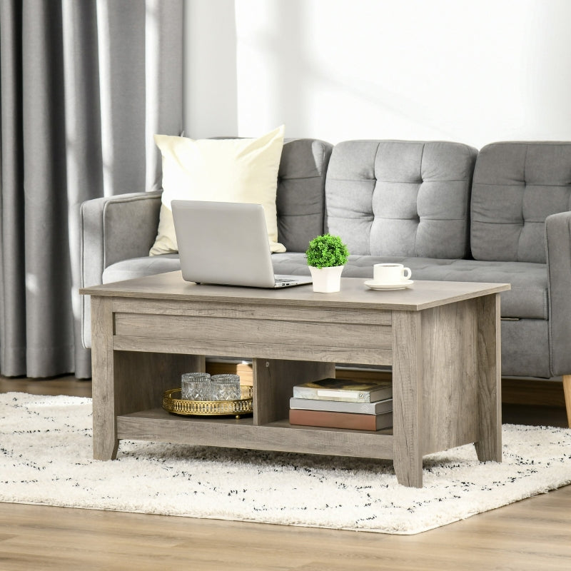 Lift Top Coffee Table with Hidden Storage and Open Shelves, Oak Effect