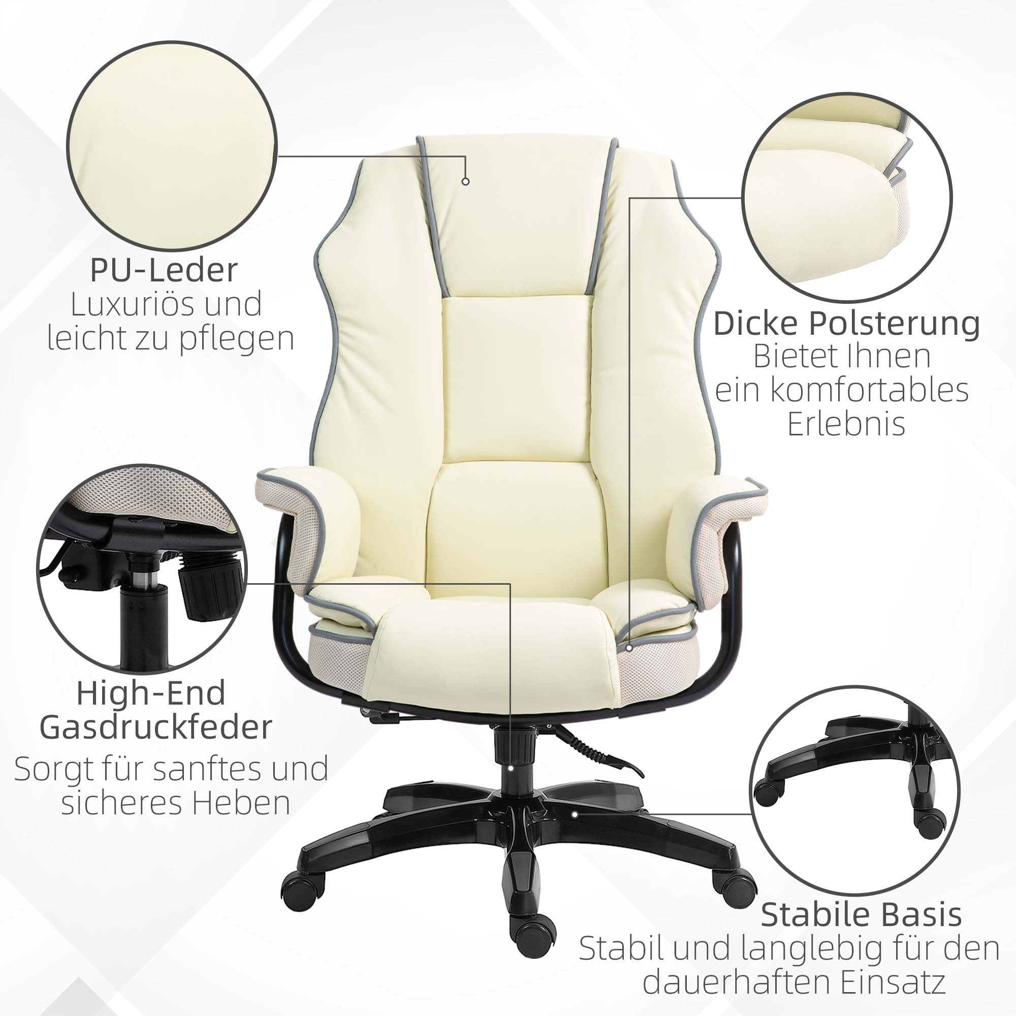 Bürostuhl, ergonomisch verstellbar mit Liegefunktion, Cremefarben