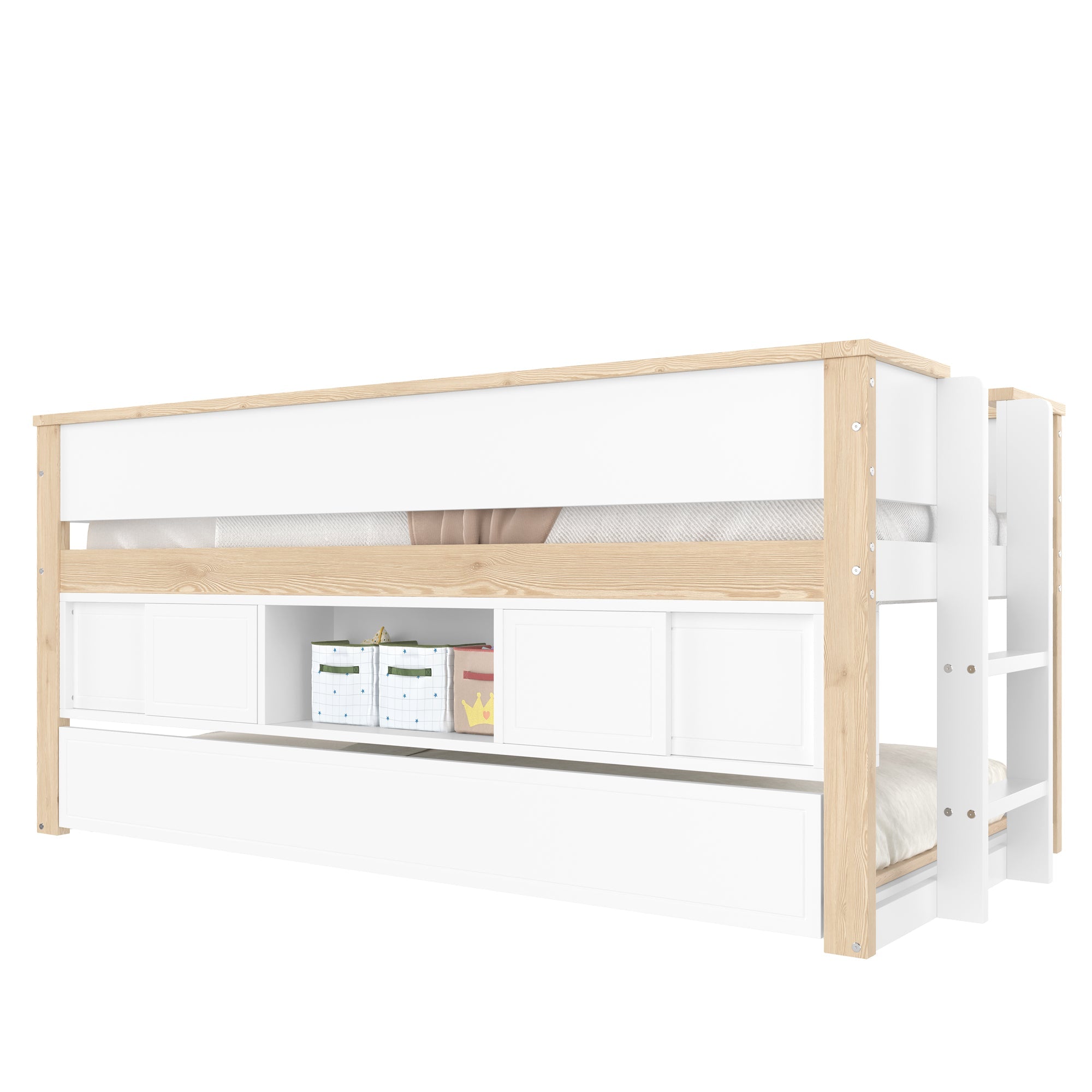 Mid-height Bed with Pull-Out Bed Storage 90x200cm, White + Natural