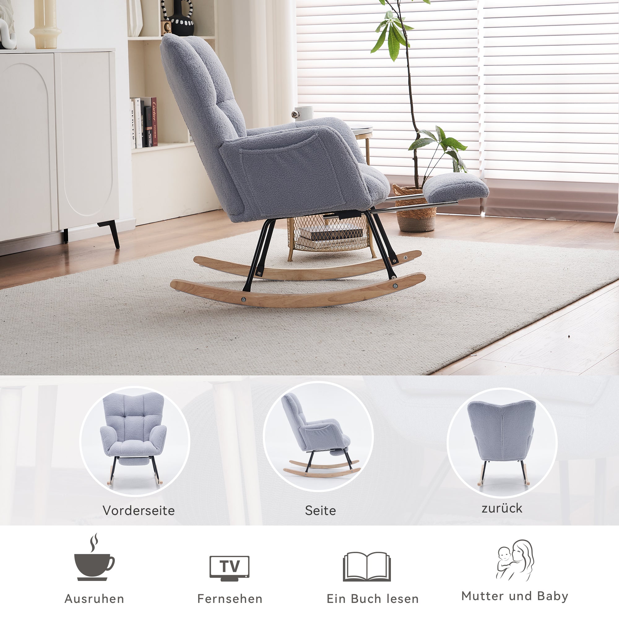 009B Rocking Chair Modern Extendable Footrest, Teddy Fabric Grey