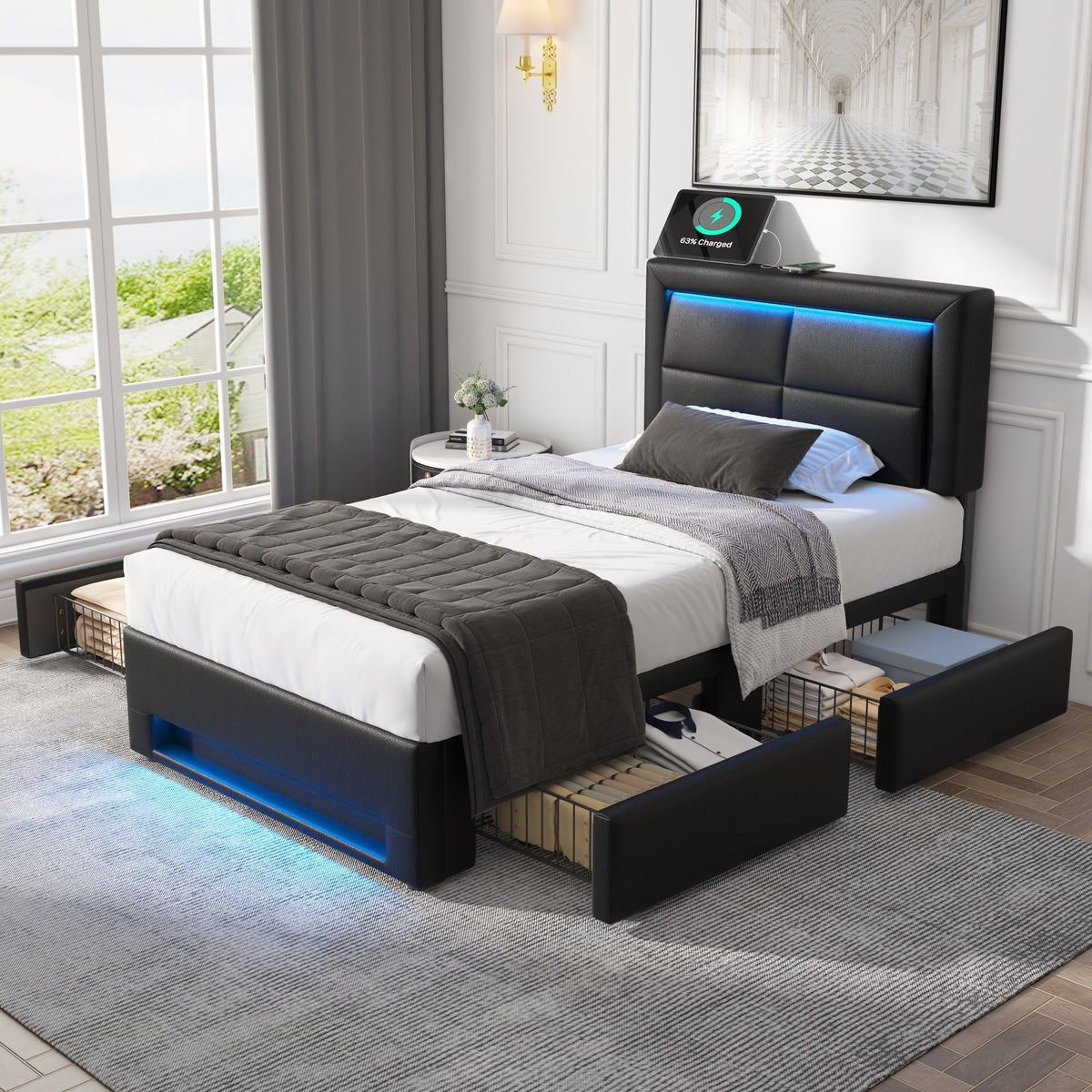 Upholstered Bed 90x190cm USB Charging LED Lighting 4 Drawers - PU Lychee Black